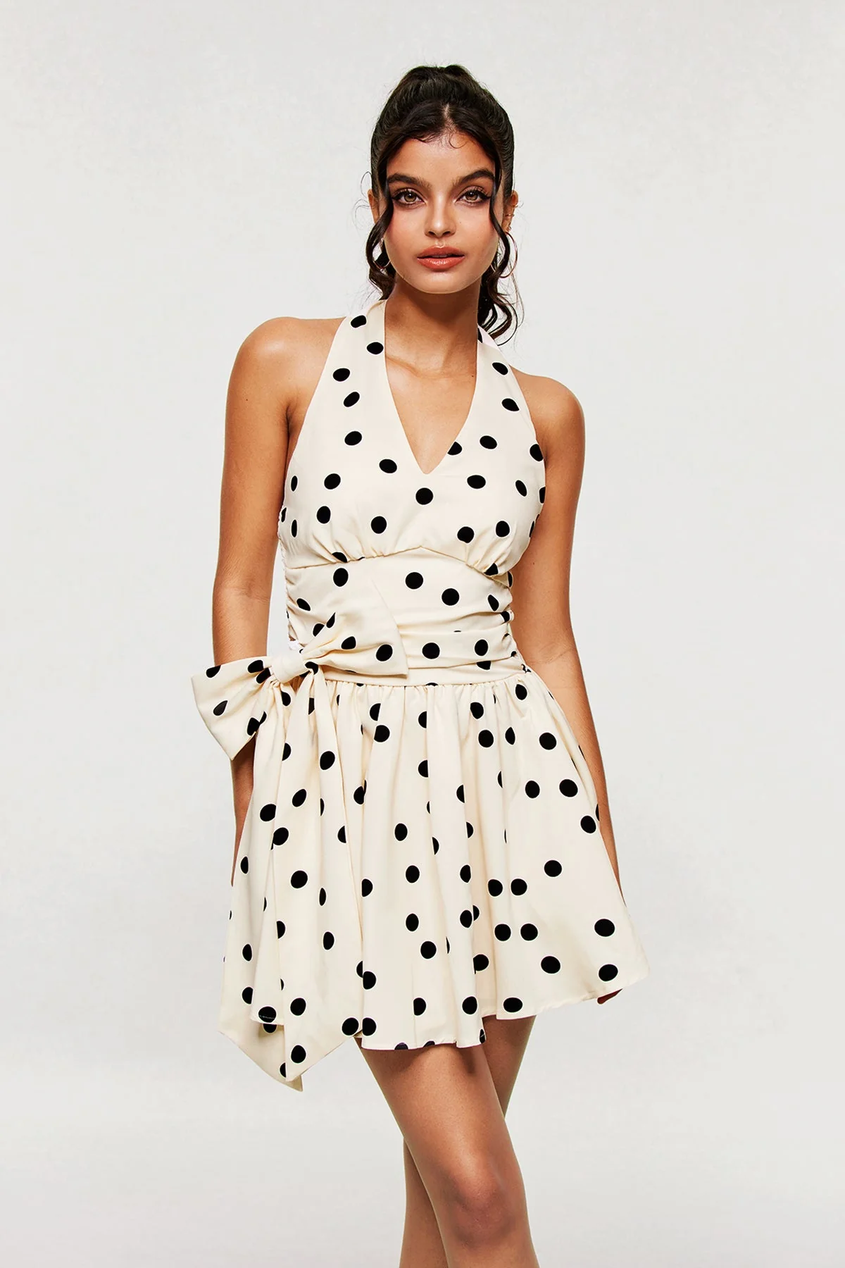White Dot Bow Ruffle Mini Dress