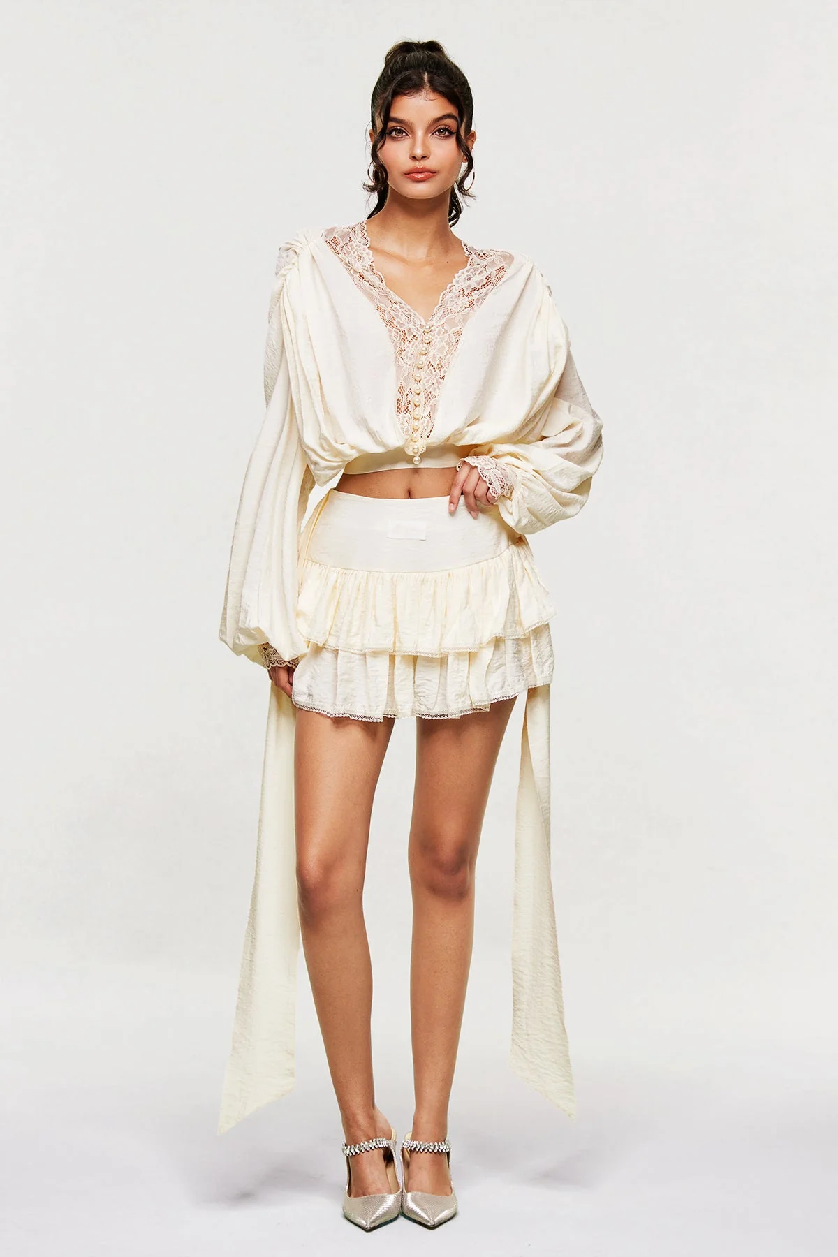 White Lace Ruffle Skirt Set - Elegant Feminine Style