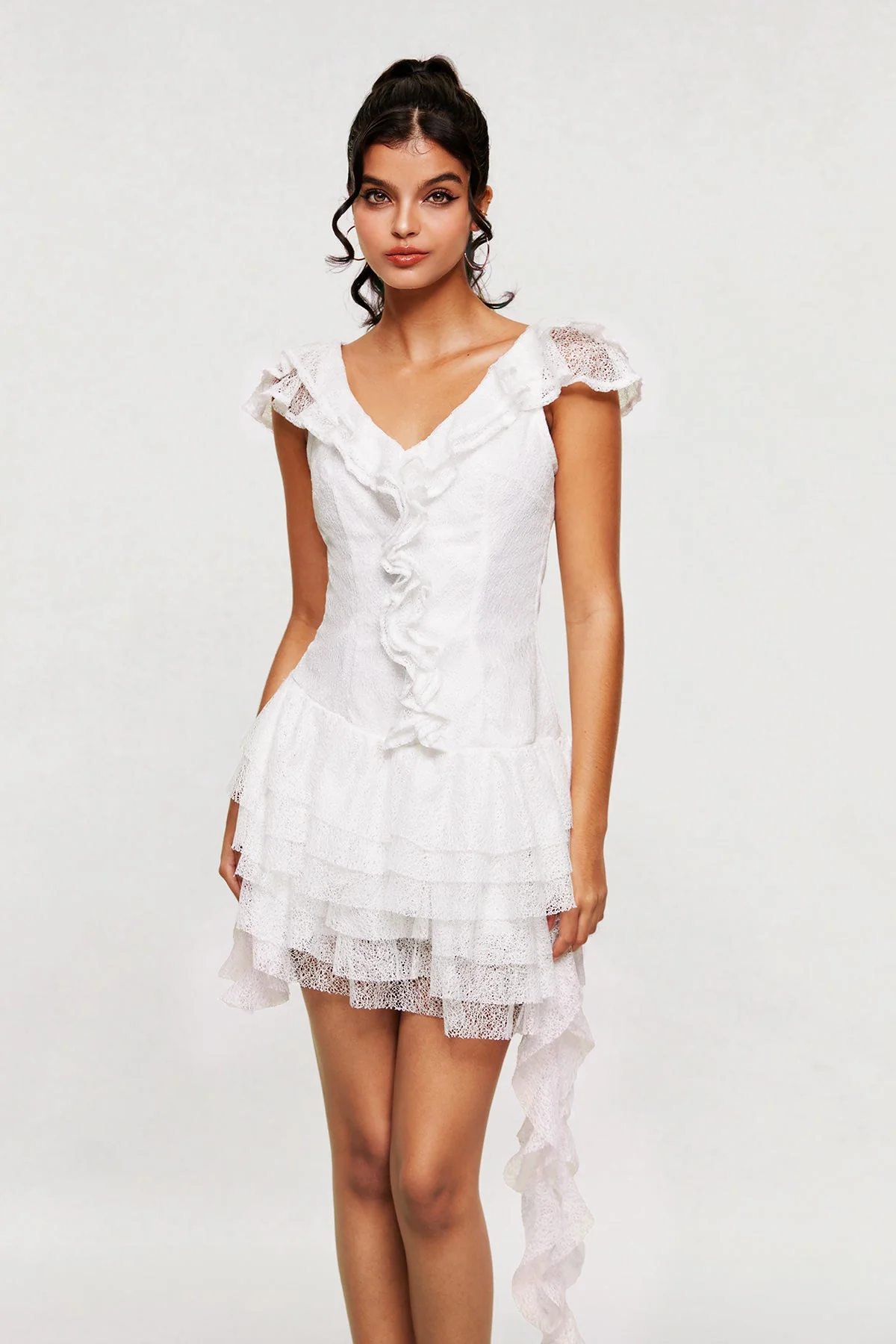 White Ruffle Asymmetric Mini Dress for Women