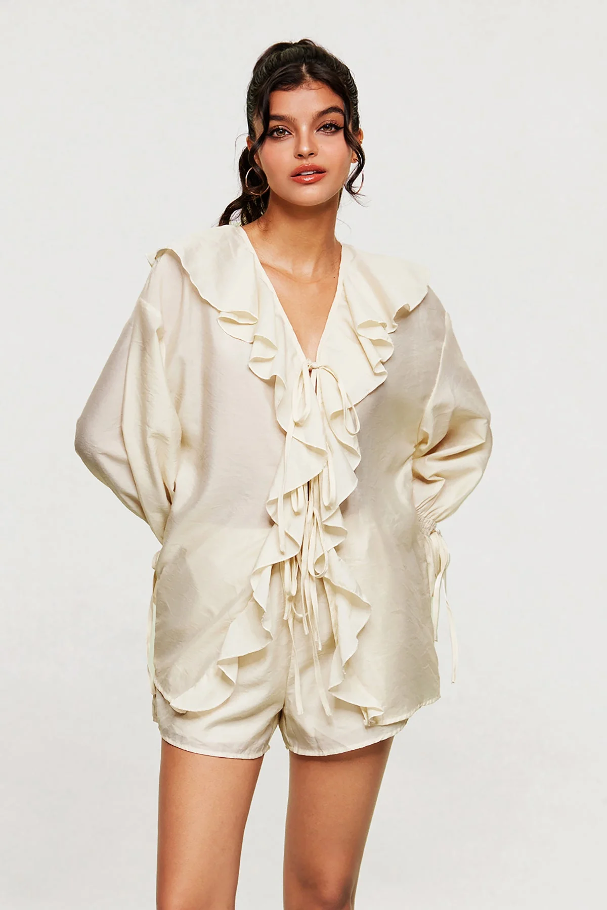 White Ruffle Drawstring Pants Set