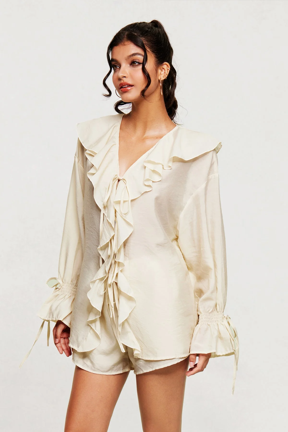 White Ruffle Drawstring Pants Set