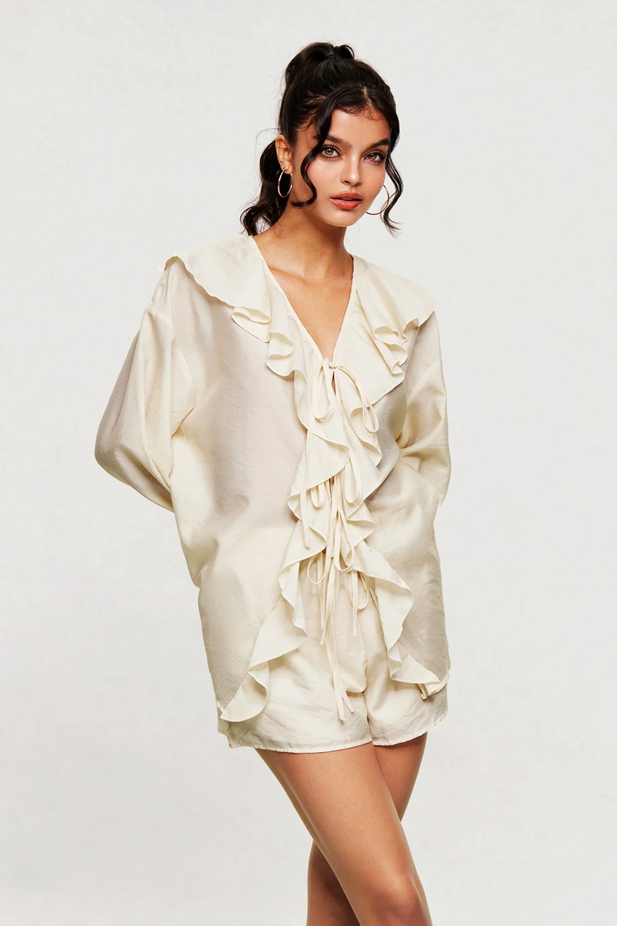 White Ruffle Drawstring Pants Set