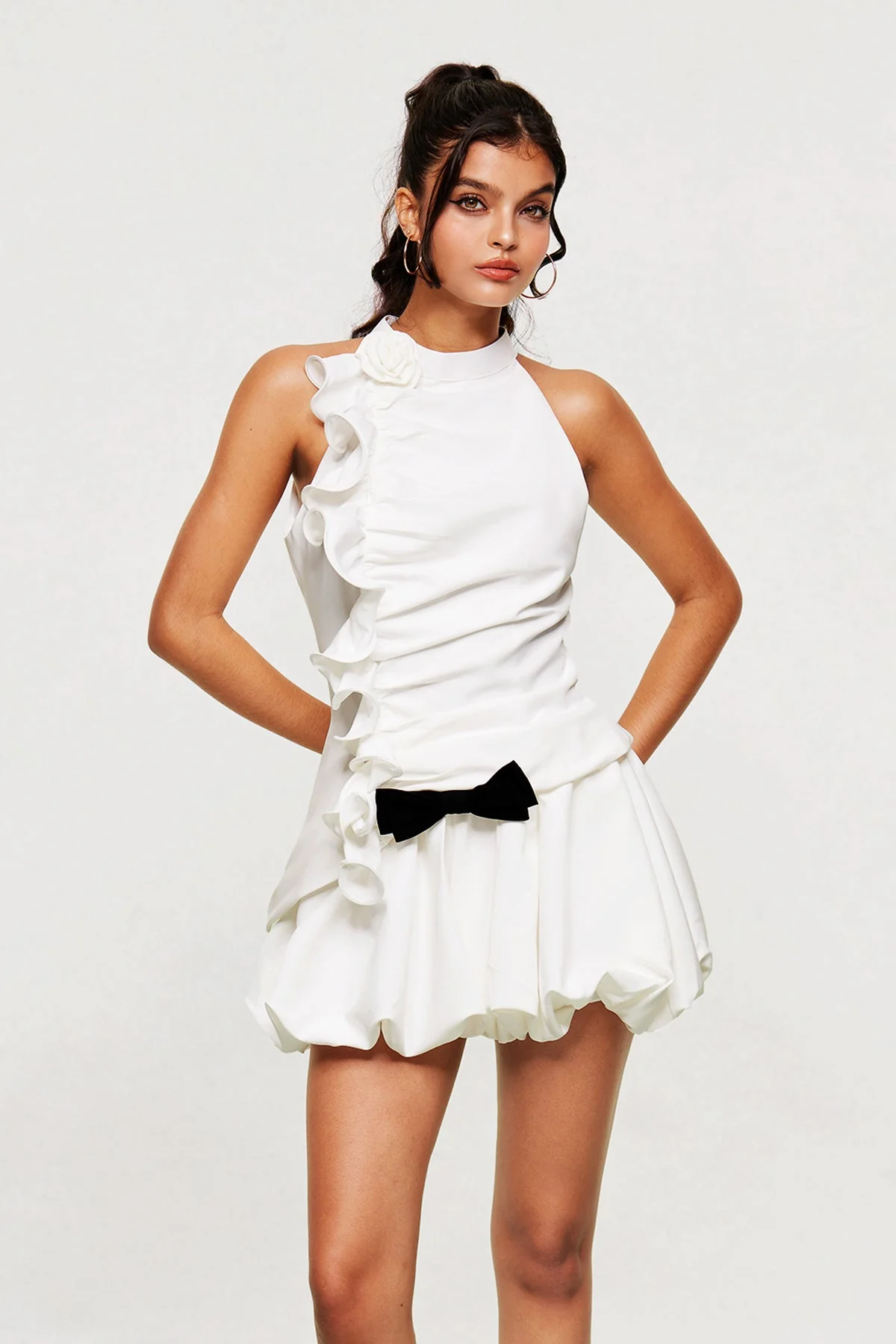 White Ruch Bow Puffy Skirt Set Feminine Style