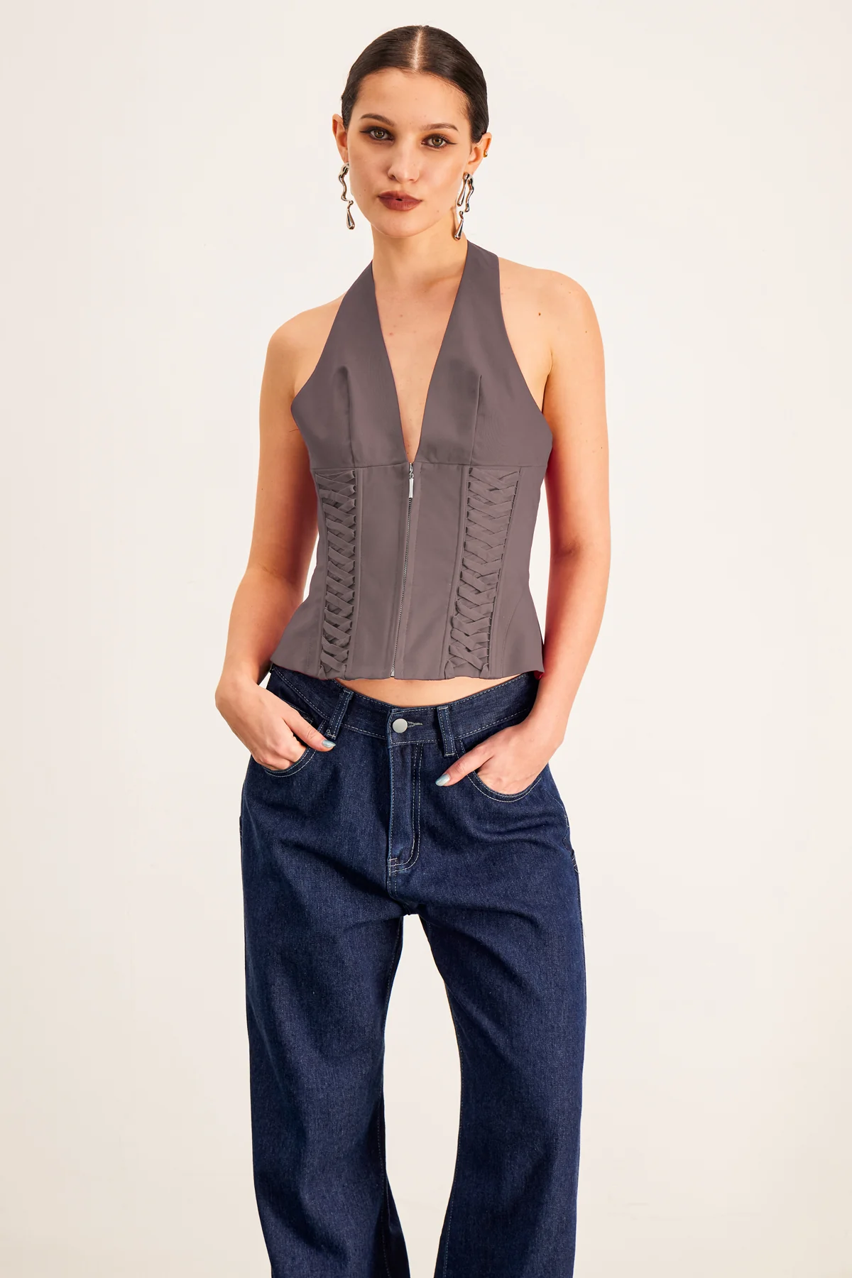 Elegant Grey Lace-Up Halter Corset Top