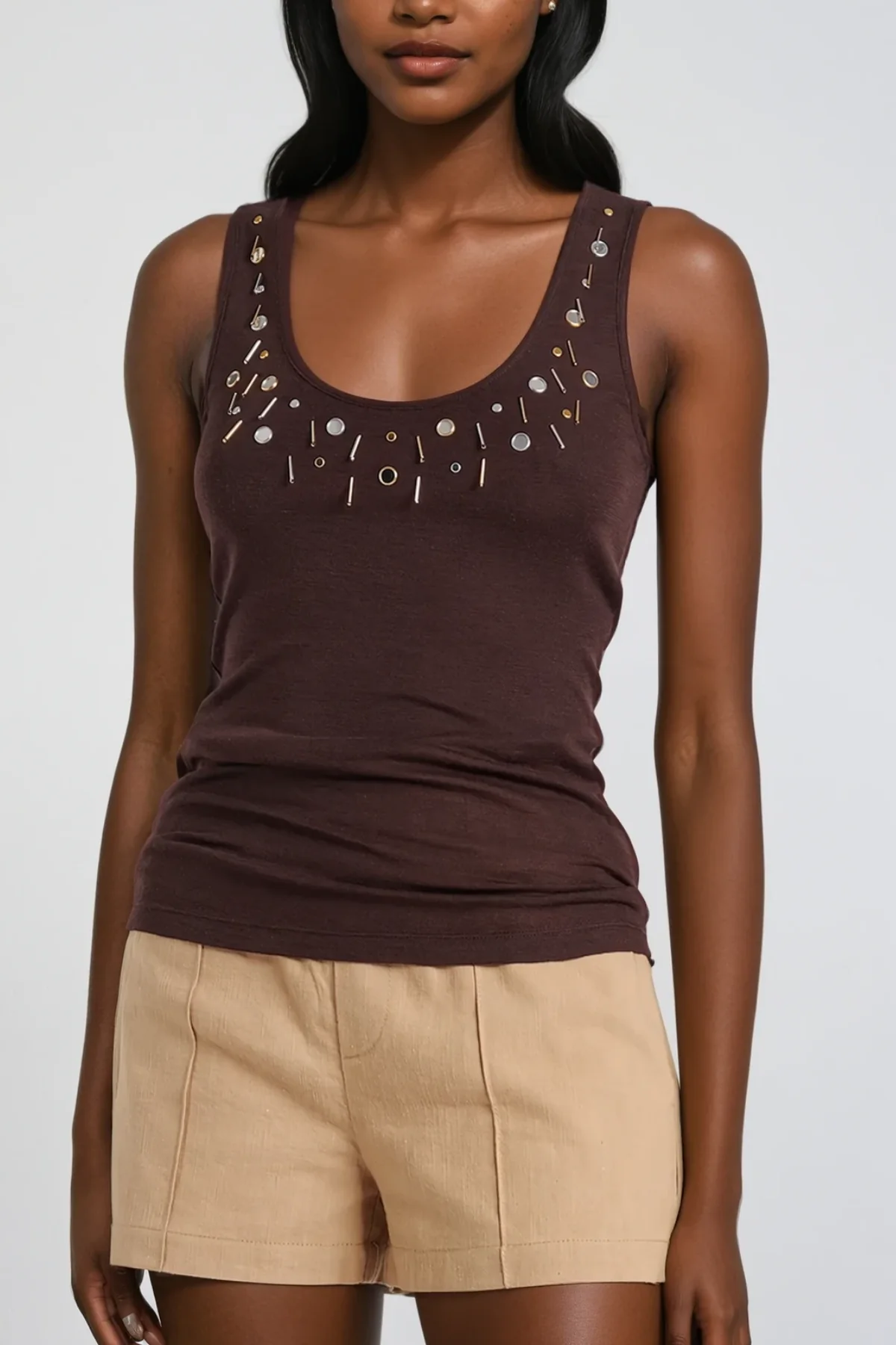 Brown Embellished Sleeveless Top for Women