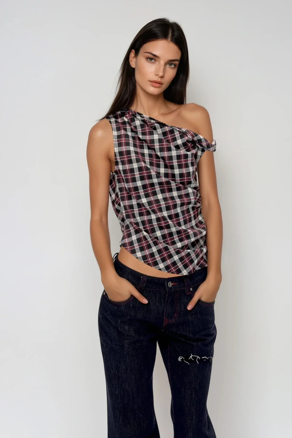 Black Grid One Shoulder Ruch Top for Women