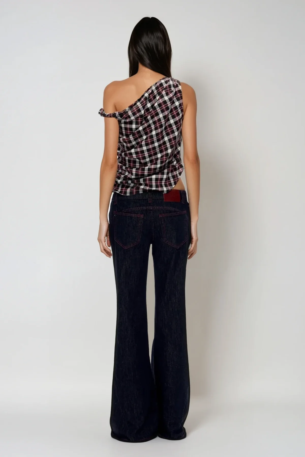 Black Grid One Shoulder Ruch Top for Women