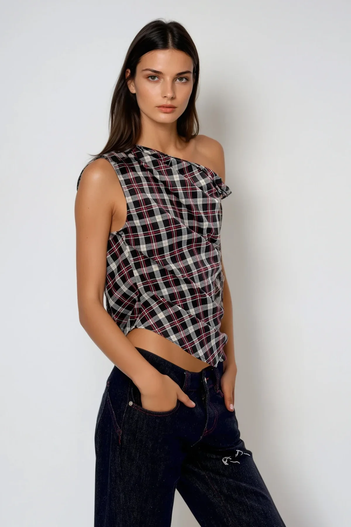 Black Grid One Shoulder Ruch Top for Women