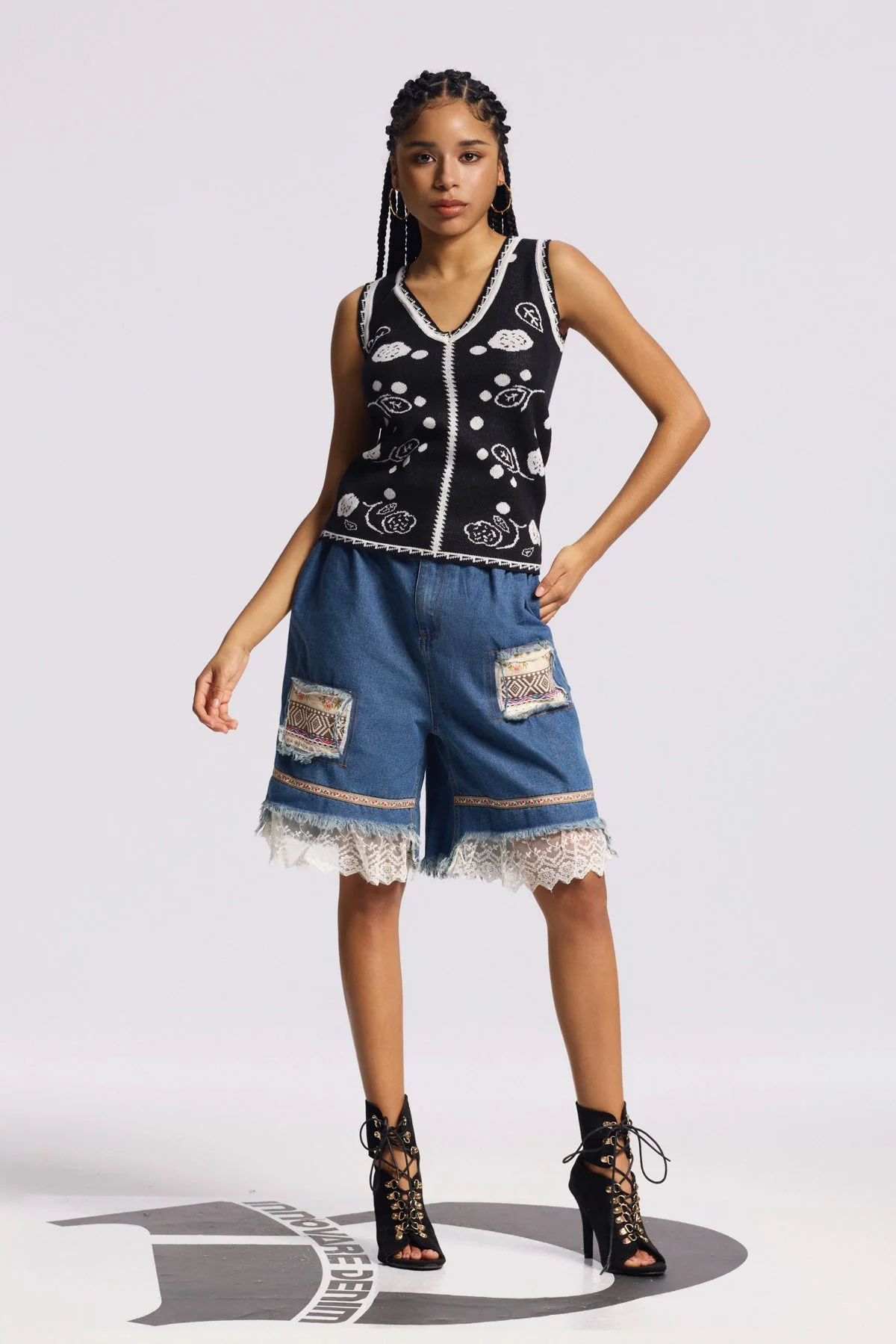 Blue Lace Fringe Midi Denim Jeans