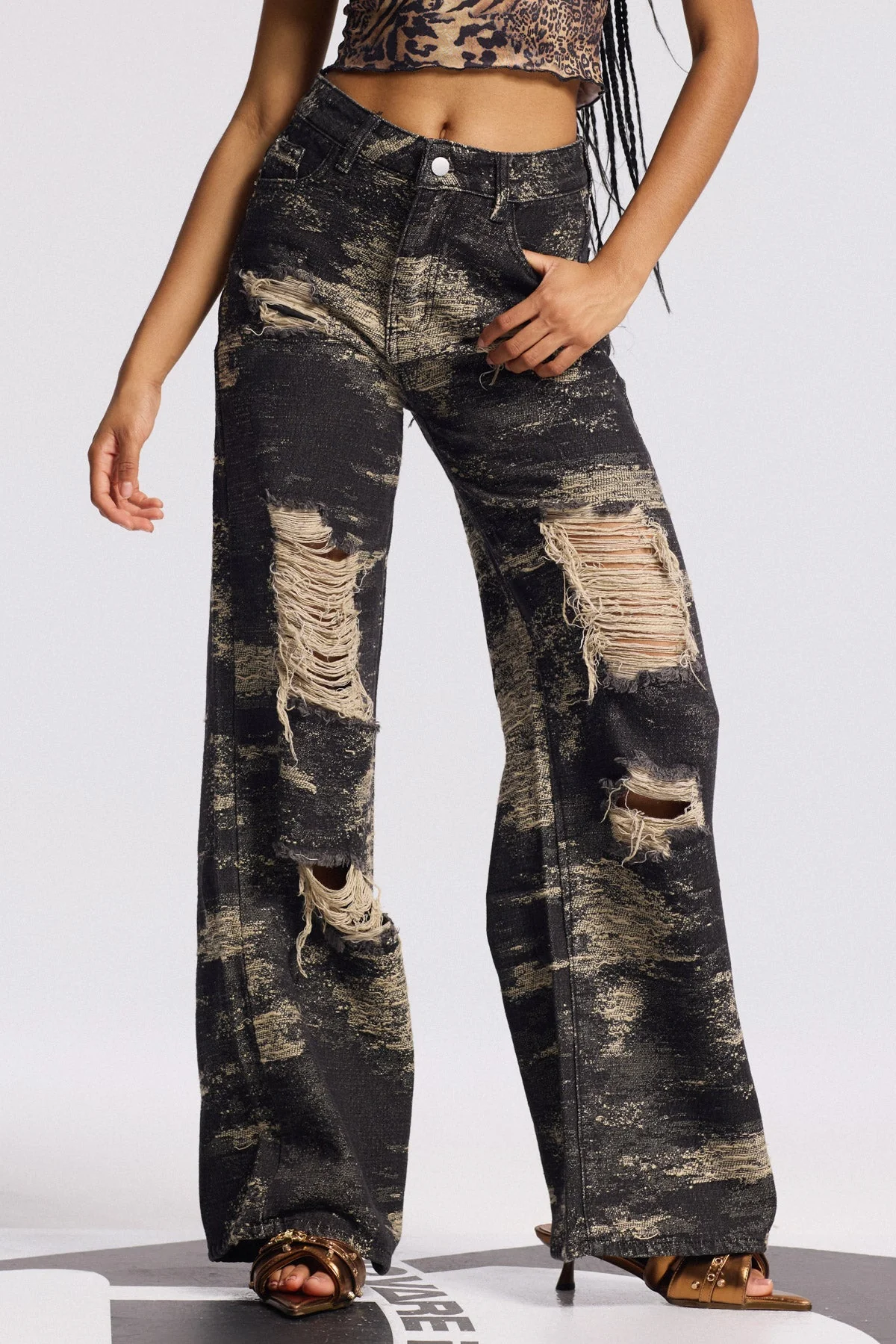 Black Tie Dye Ripped Straight Jeans