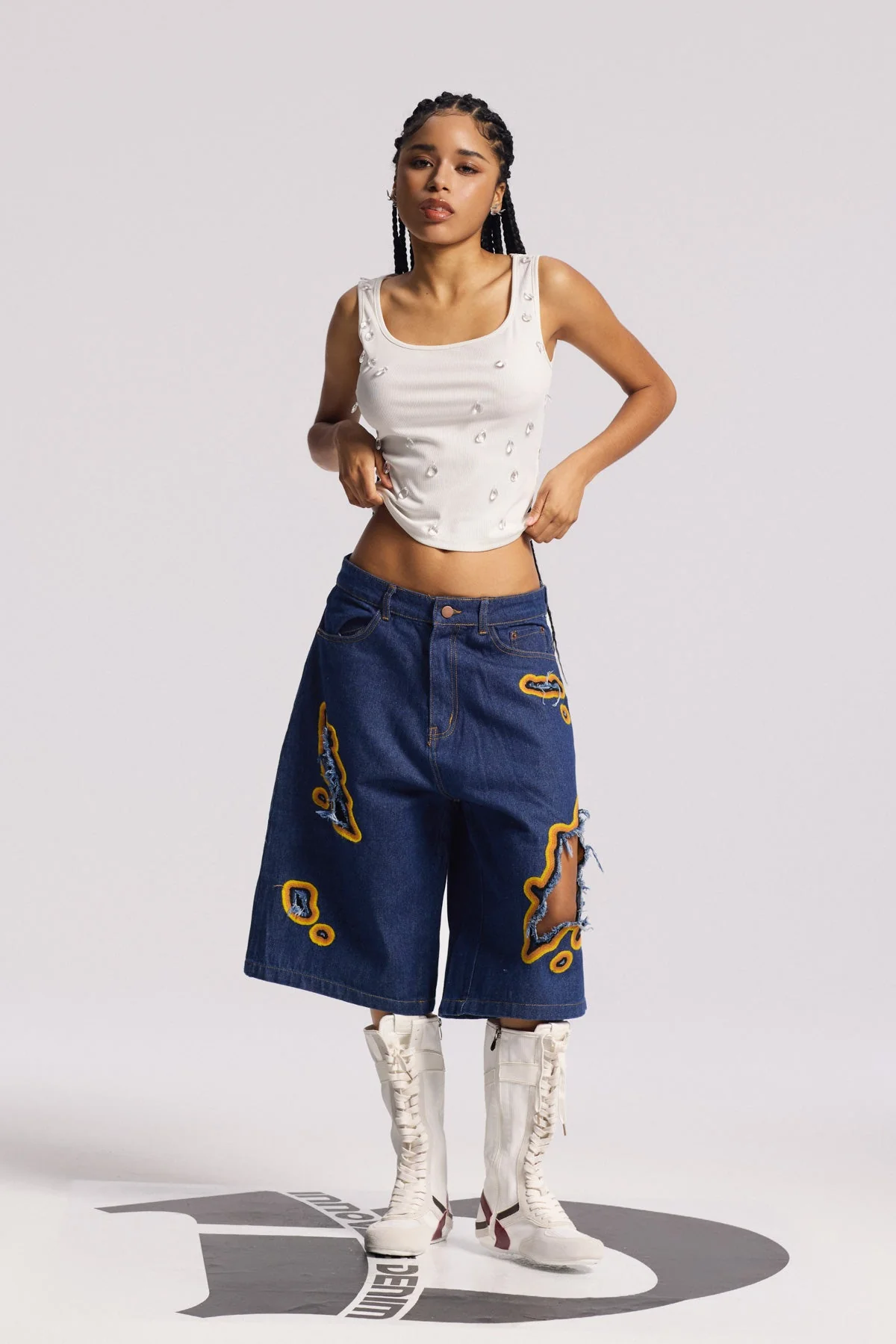 Deep Blue Cutout Midi Jeans Womens Versatile Denim