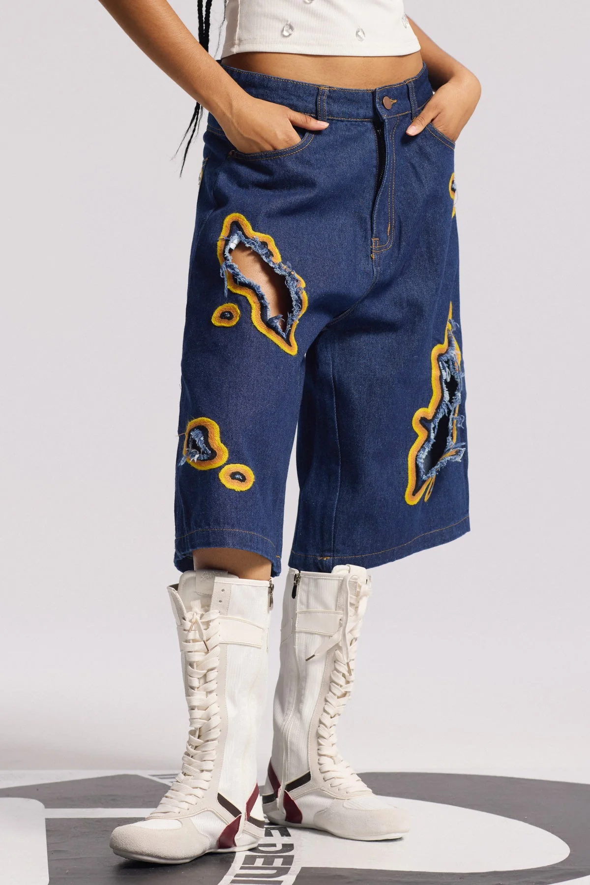 Deep Blue Cutout Midi Jeans Womens Versatile Denim