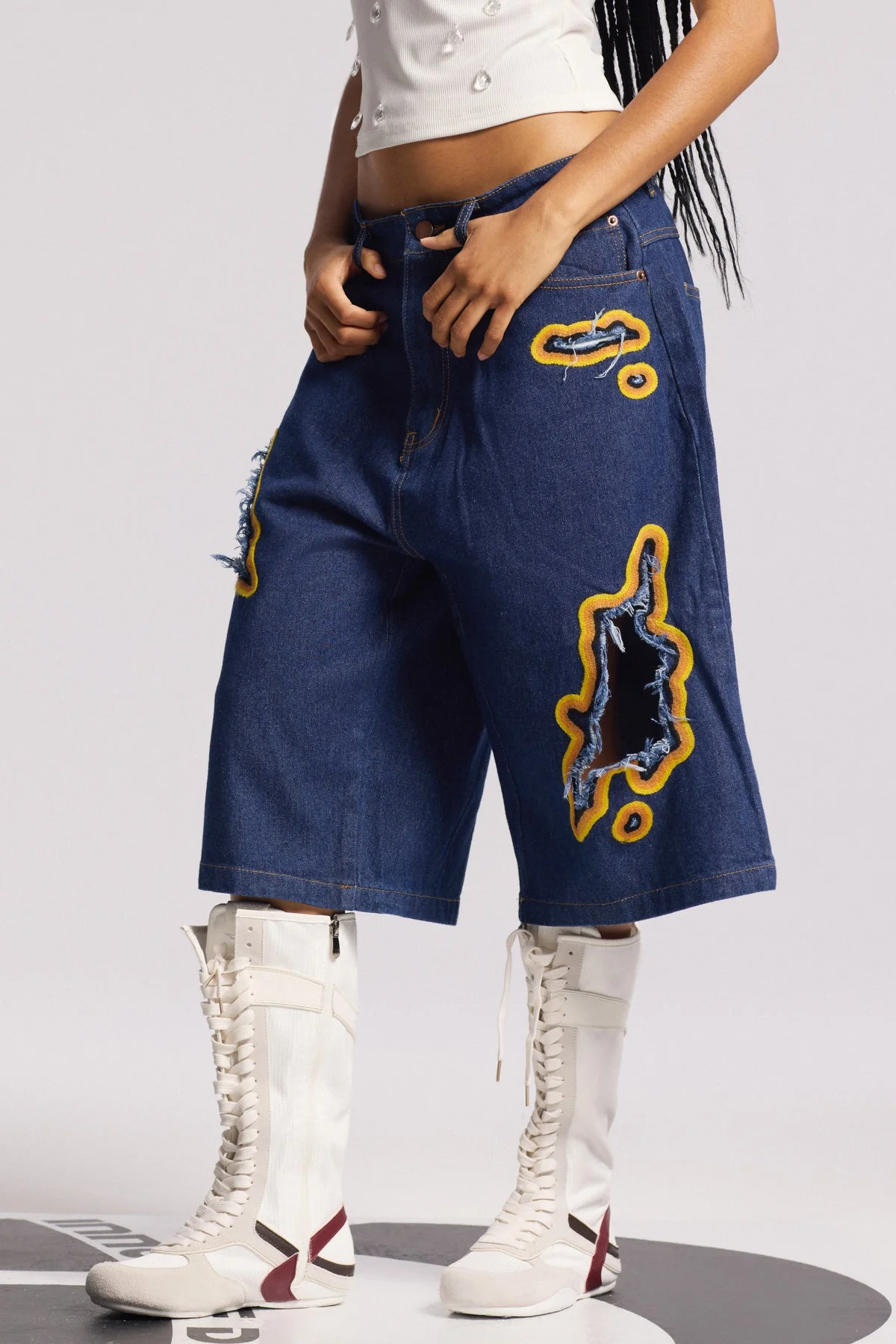 Deep Blue Cutout Midi Jeans Womens Versatile Denim