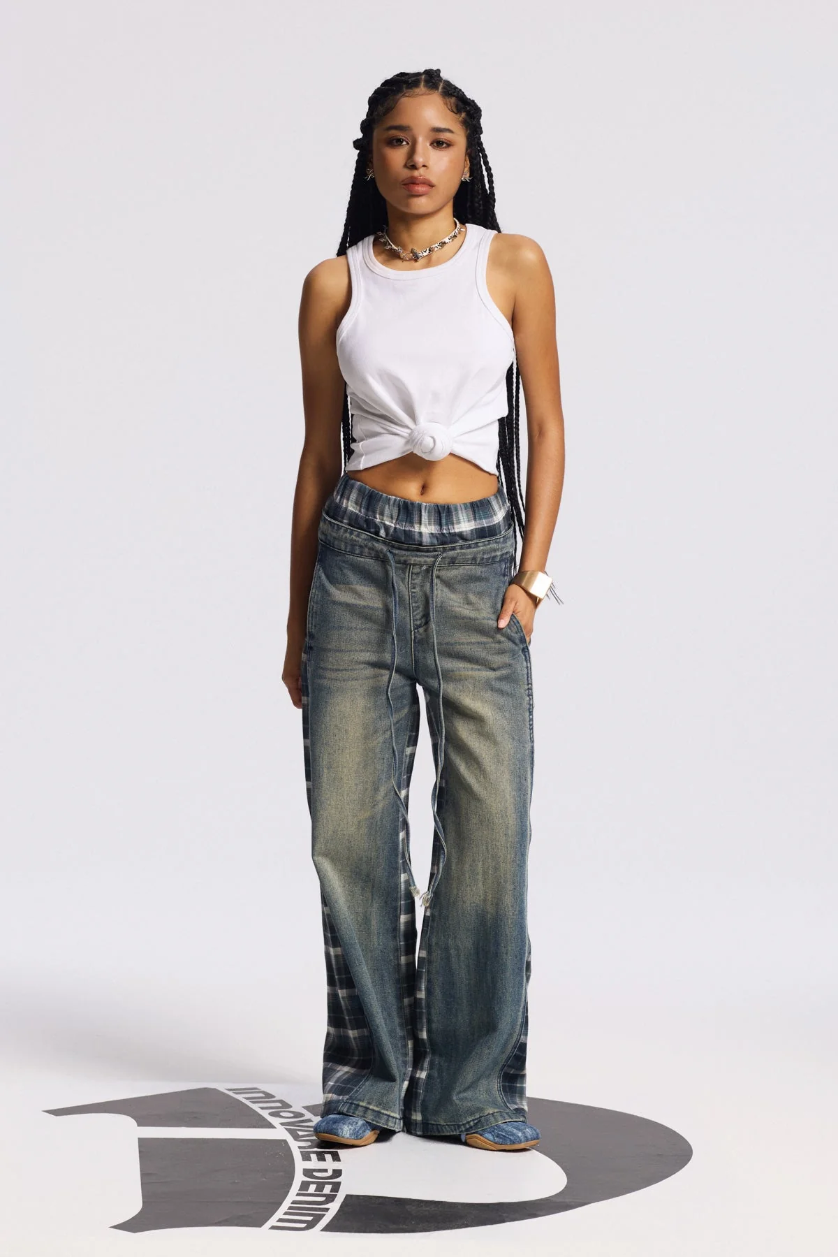 Plaid Denim Jeans in Urban Blue