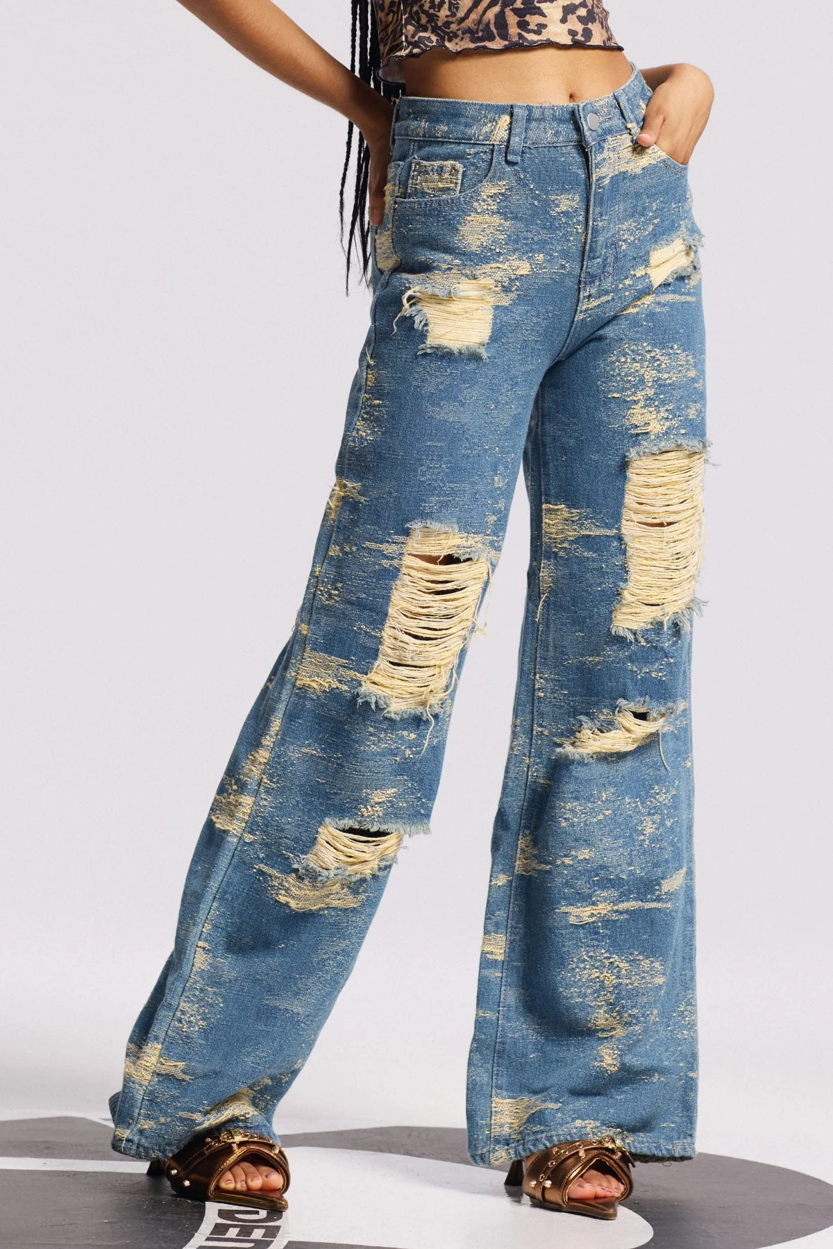 Blue Tie Dye Distressed Straight Jeans - Premium Denim