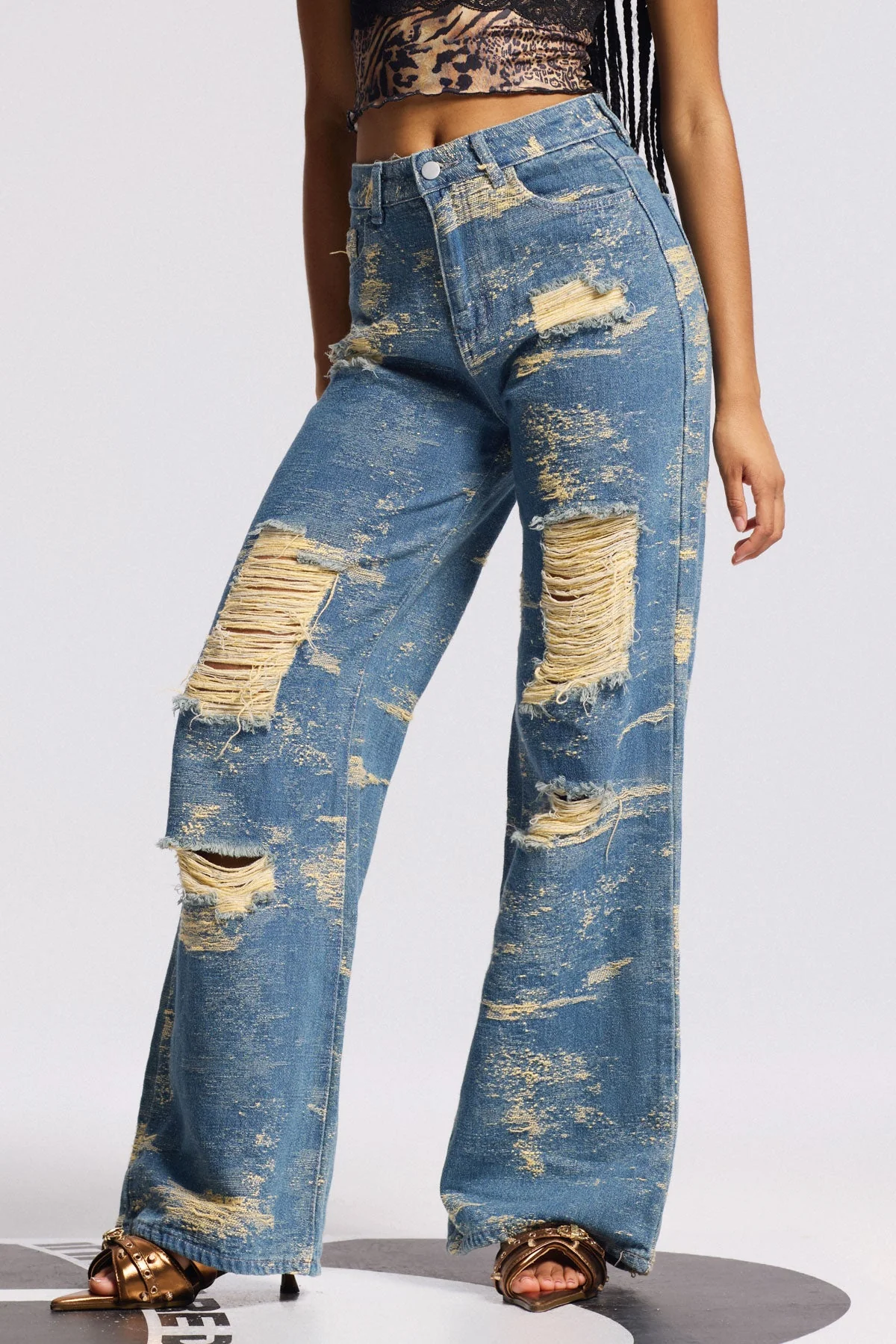 Blue Tie Dye Distressed Straight Jeans - Premium Denim