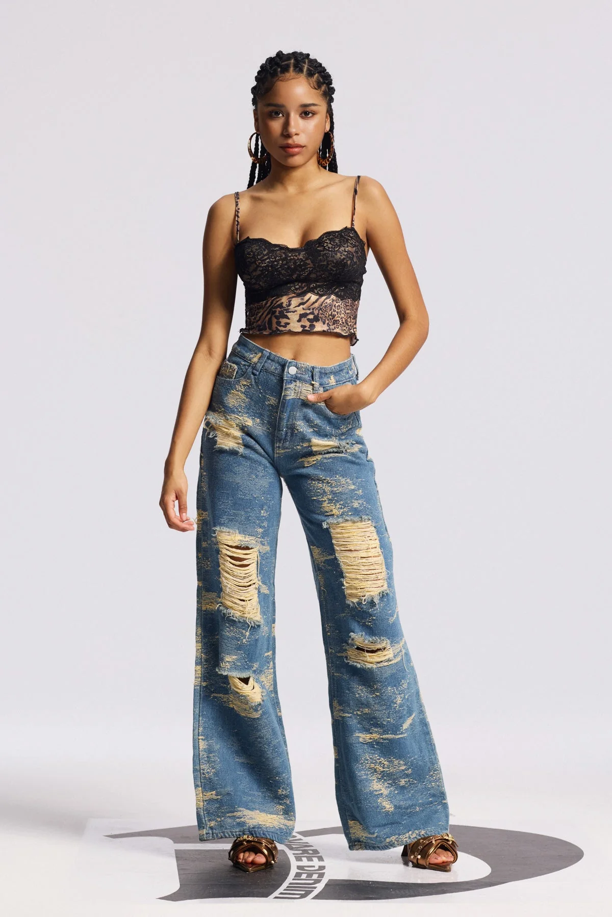 Blue Tie Dye Distressed Straight Jeans - Premium Denim