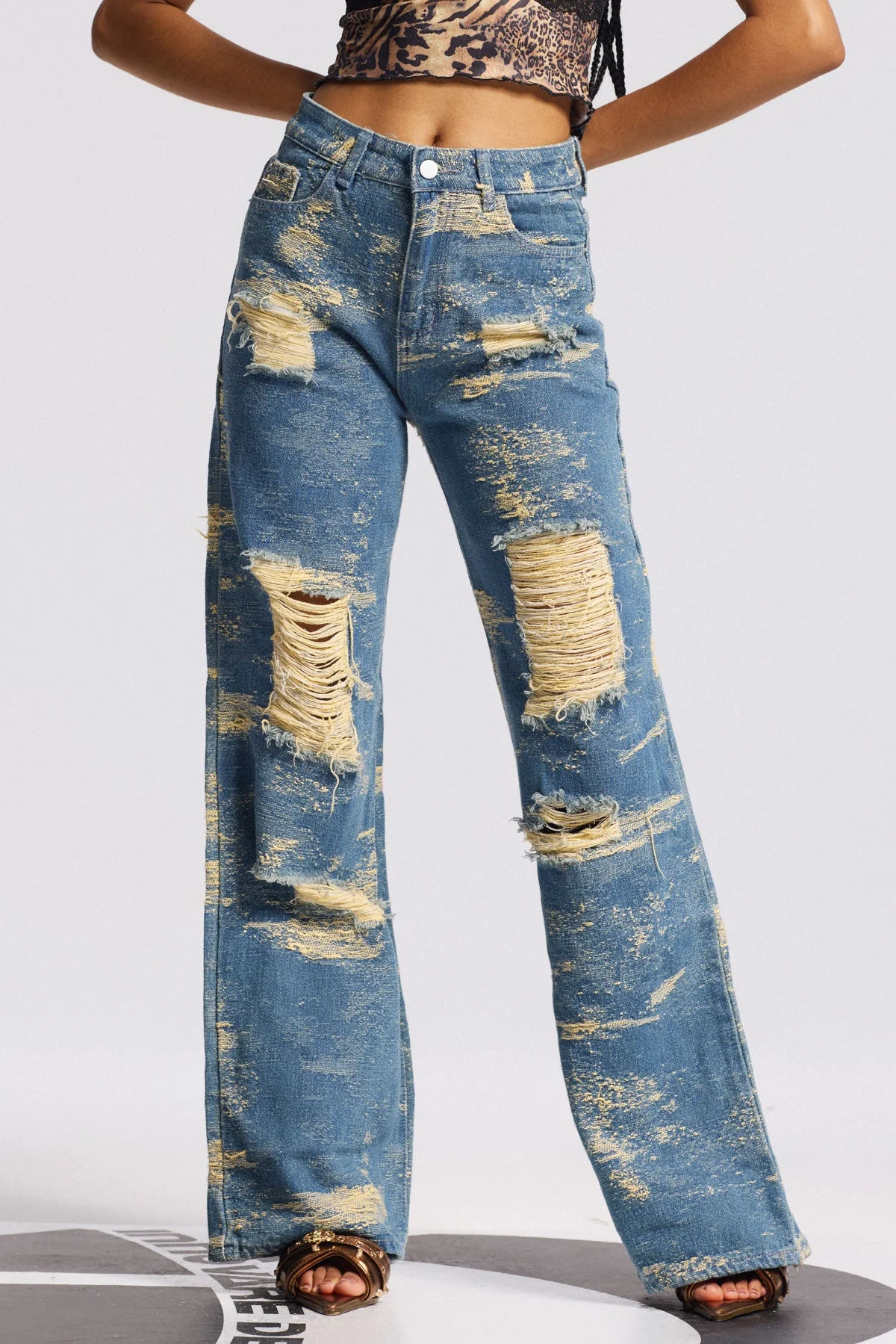 Blue Tie Dye Distressed Straight Jeans - Premium Denim
