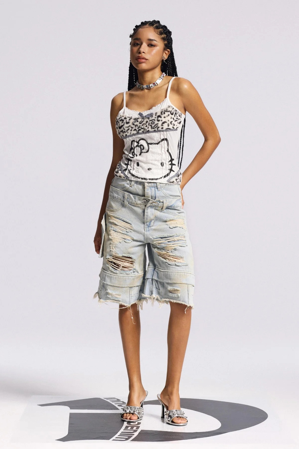 Bleached Midi Jeans with Deconstructed Elements