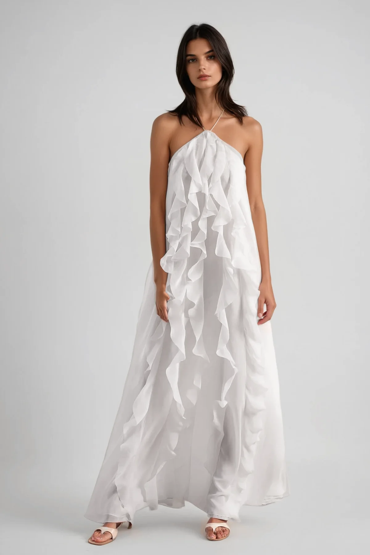 White Ruffle Mesh Backless Maxi Dress
