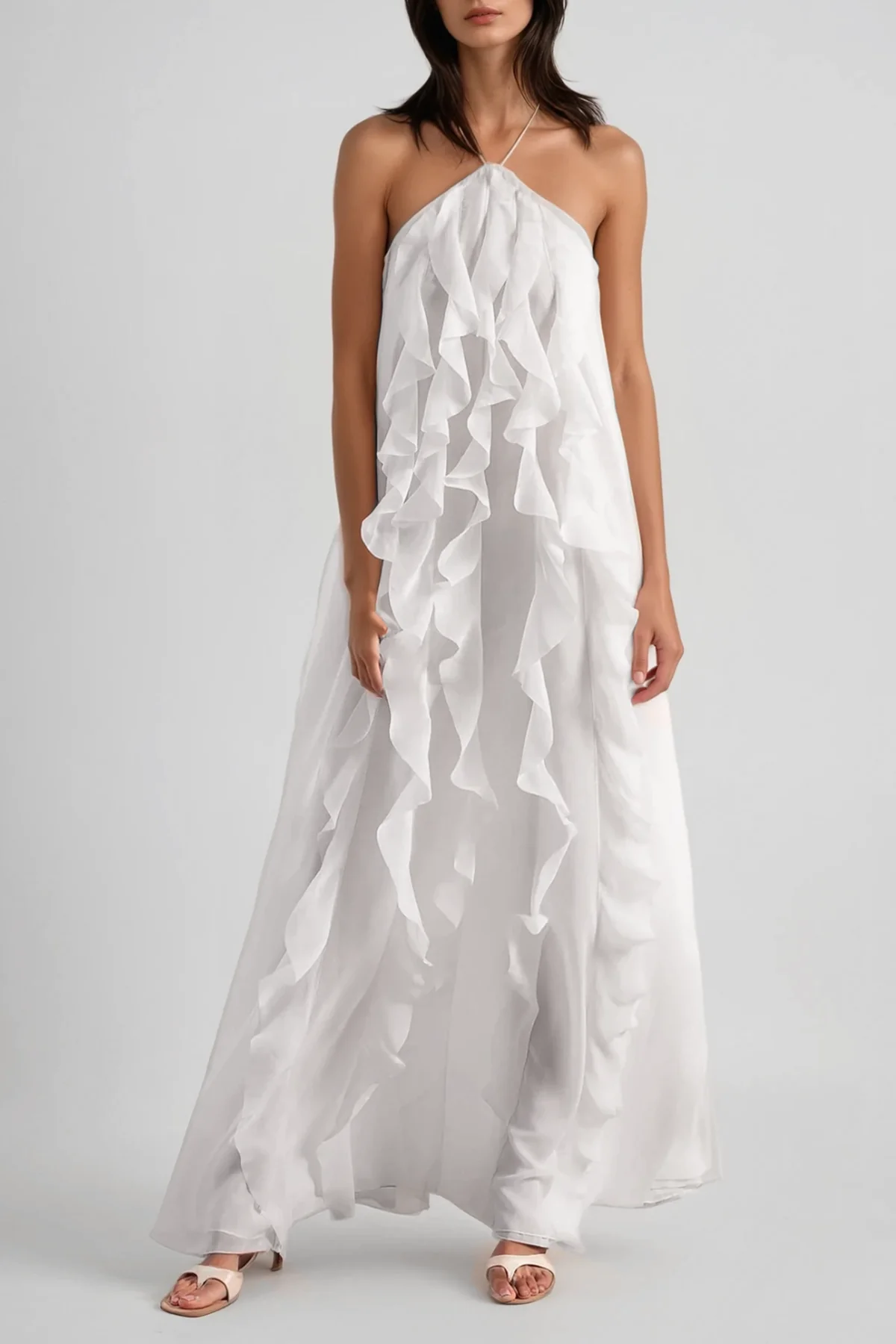 White Ruffle Mesh Backless Maxi Dress