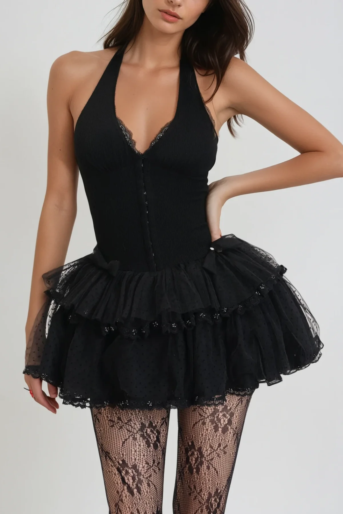 Sheer Halter Neck Corset Black Mini Dress