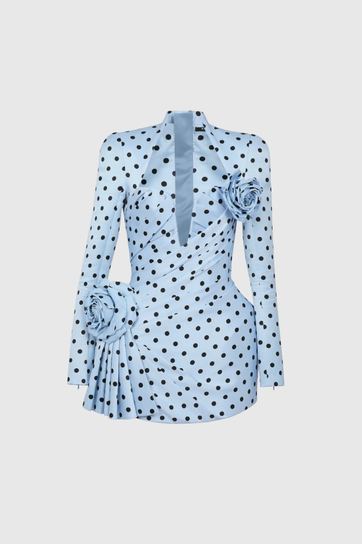 Blue Dot Flower Ruch Mini Dress - Elegant Feminine Charm