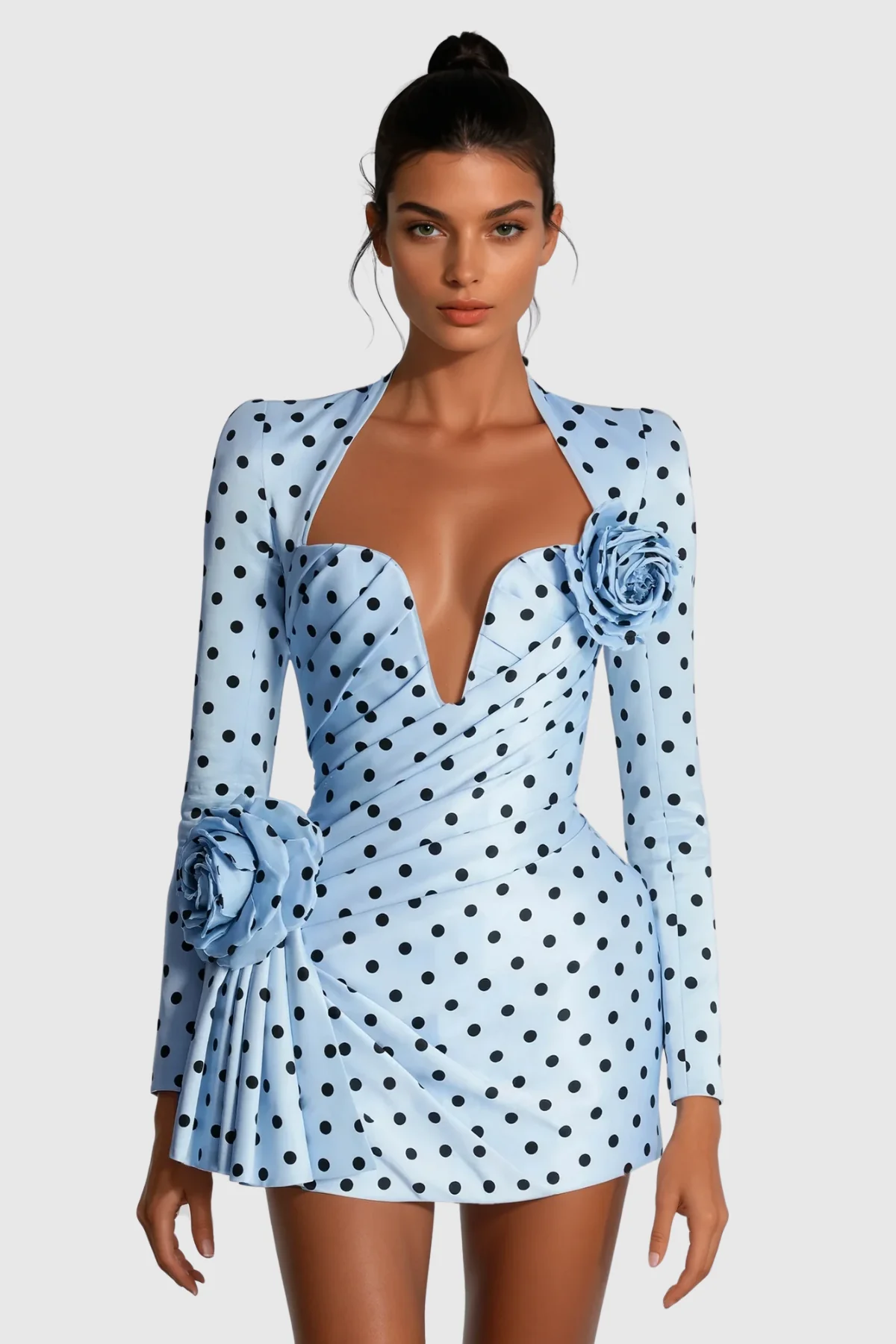 Blue Dot Flower Ruch Mini Dress - Elegant Feminine Charm