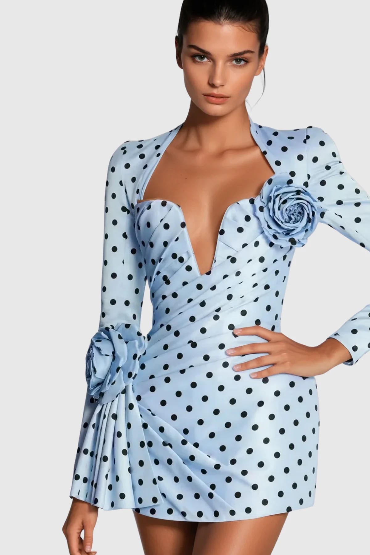 Blue Dot Flower Ruch Mini Dress - Elegant Feminine Charm