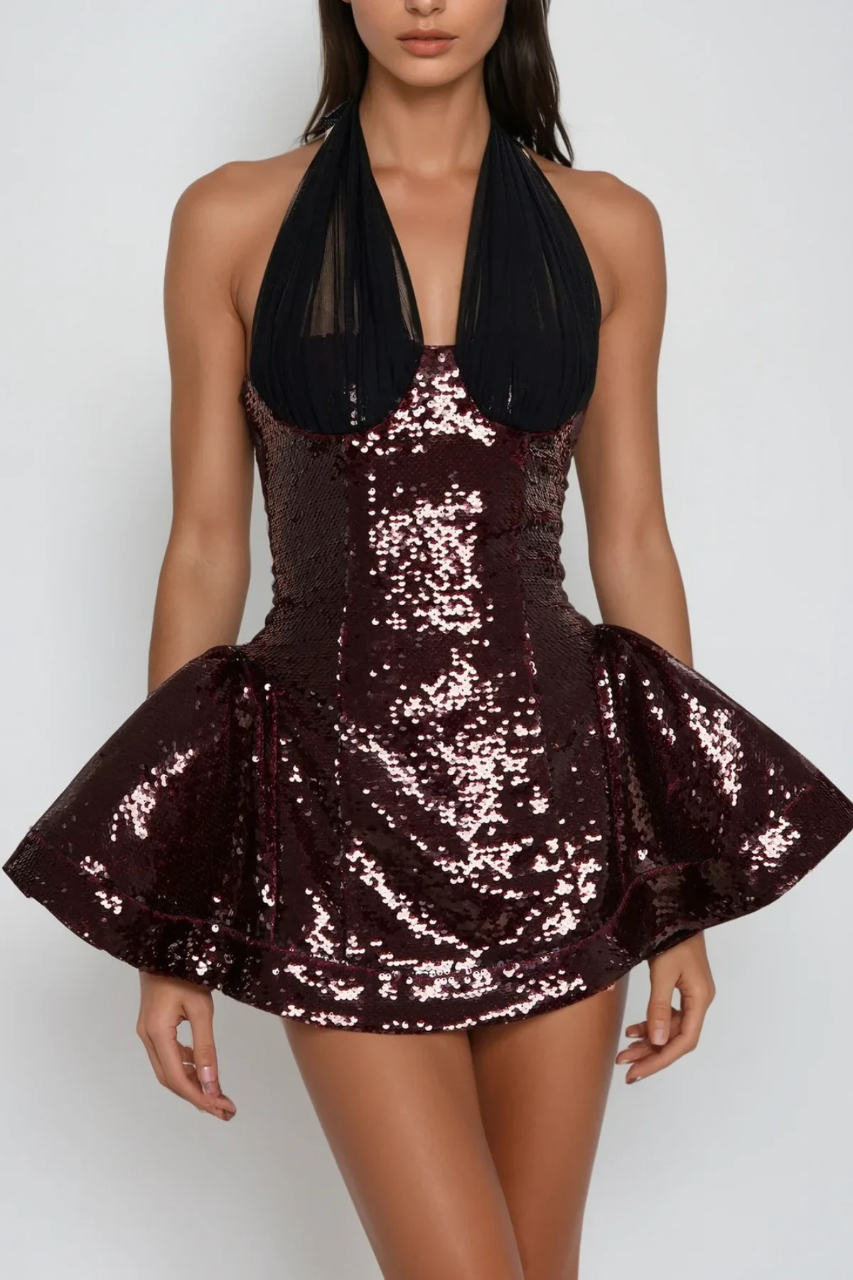 Red Sequin Mesh Mini Dress