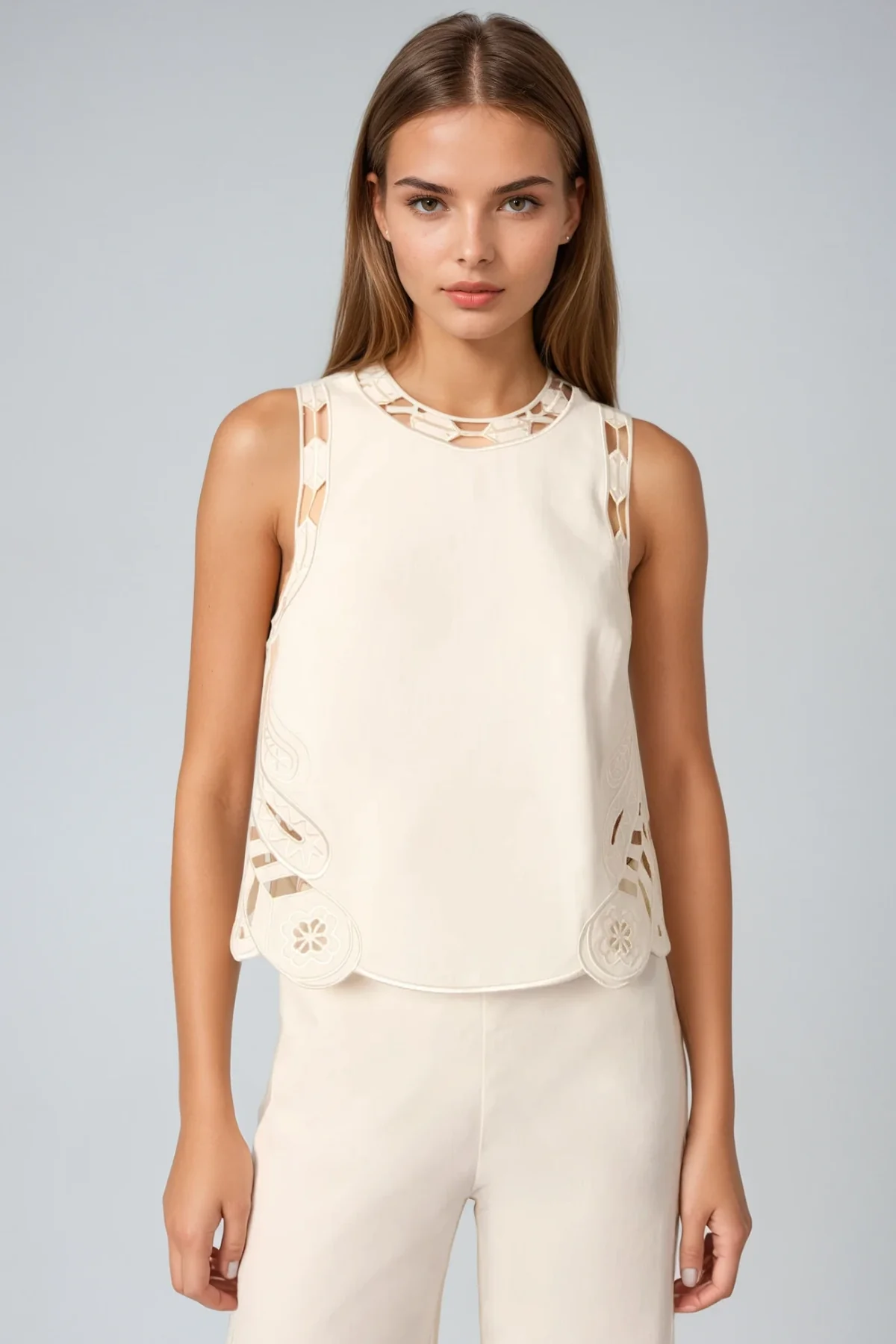 Boho Embroidered Cutout Pants Set in Cream | Lightweight Cotton Blend