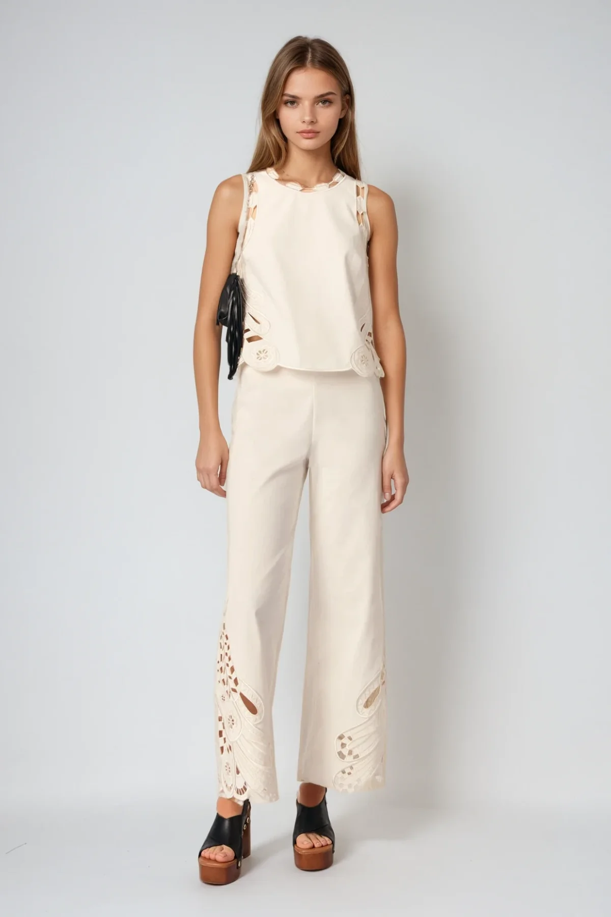 Boho Embroidered Cutout Pants Set in Cream | Lightweight Cotton Blend