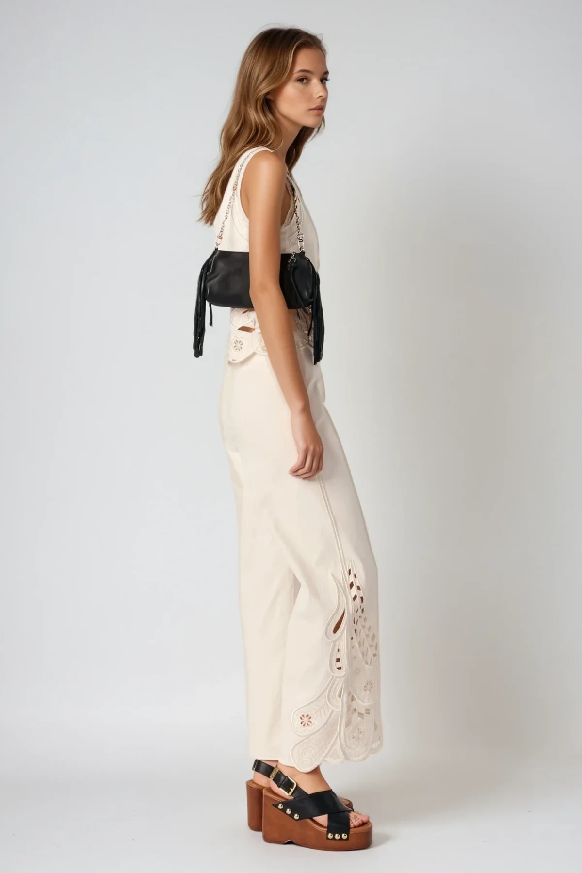 Boho Embroidered Cutout Pants Set in Cream | Lightweight Cotton Blend