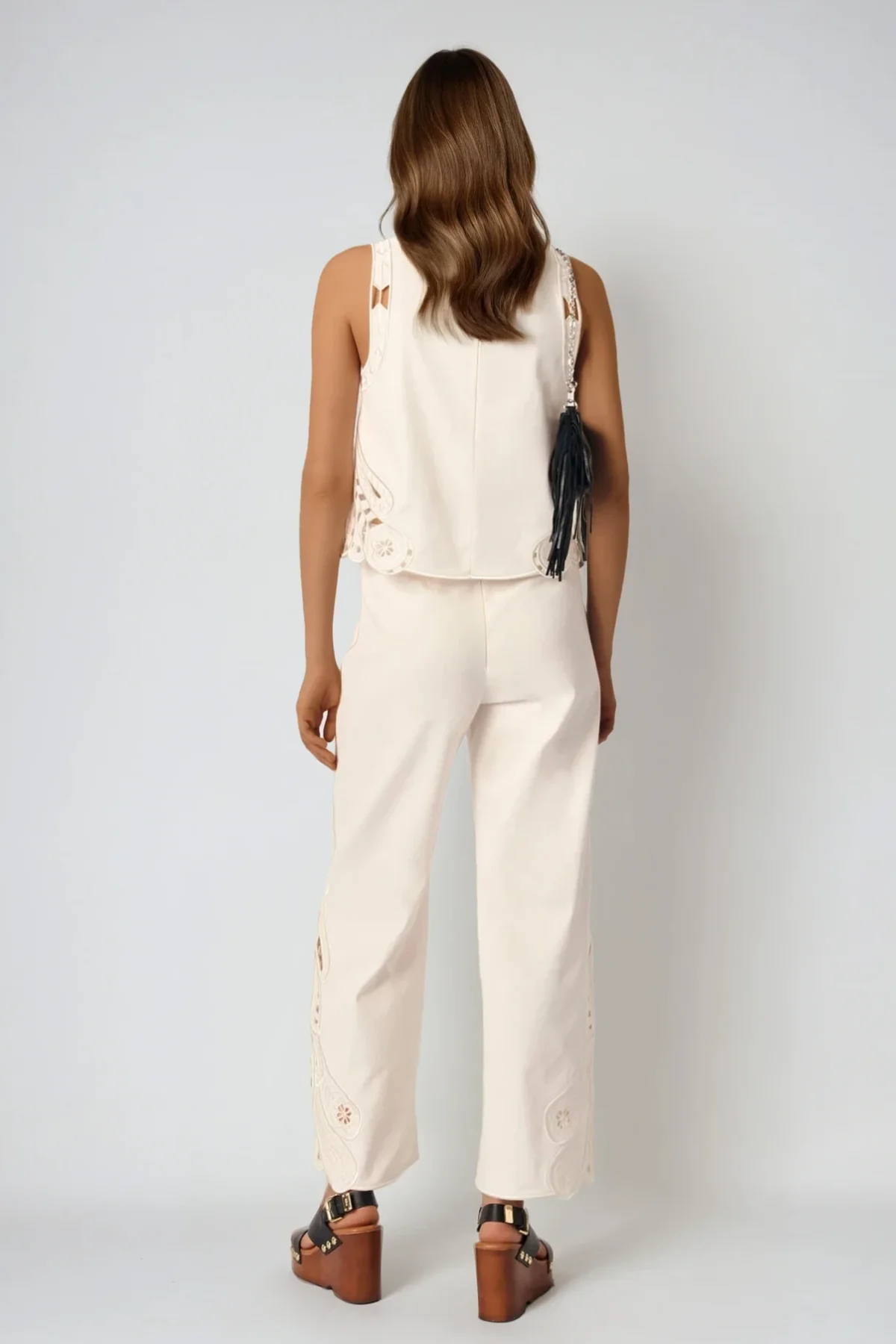 Boho Embroidered Cutout Pants Set in Cream | Lightweight Cotton Blend