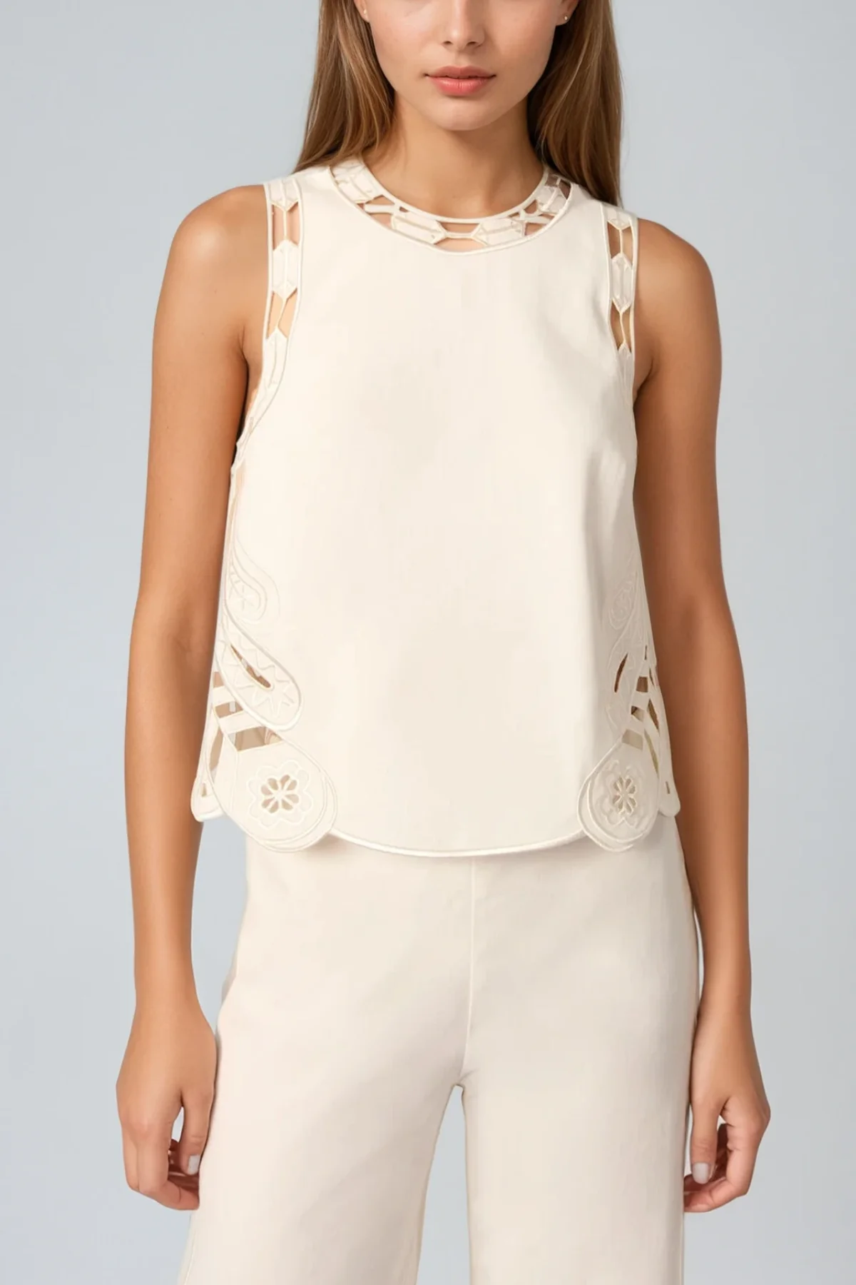 Boho Embroidered Cutout Pants Set in Cream | Lightweight Cotton Blend