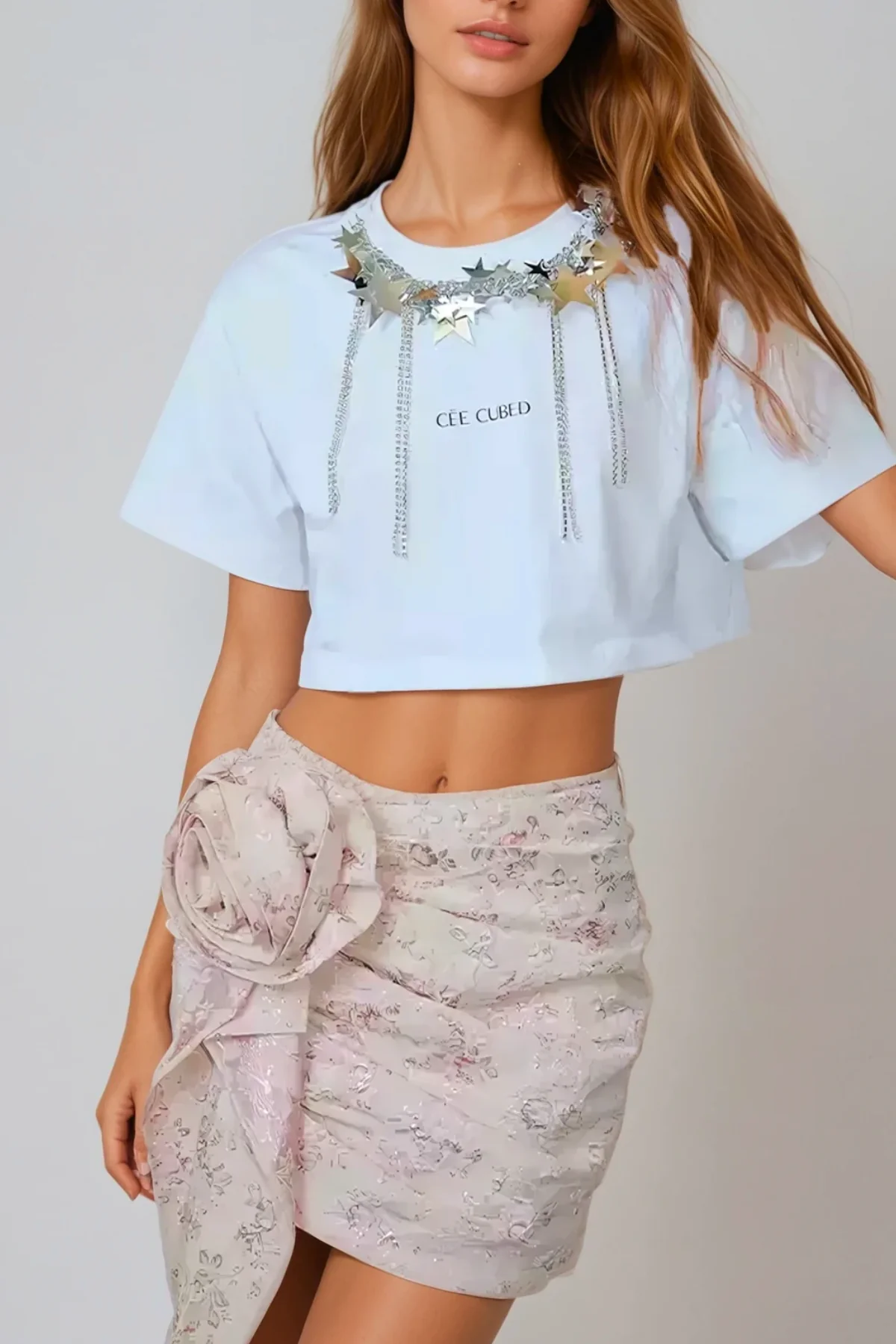 Floral Ruched Skirt Set in Blue - Trendy Printed Outfit