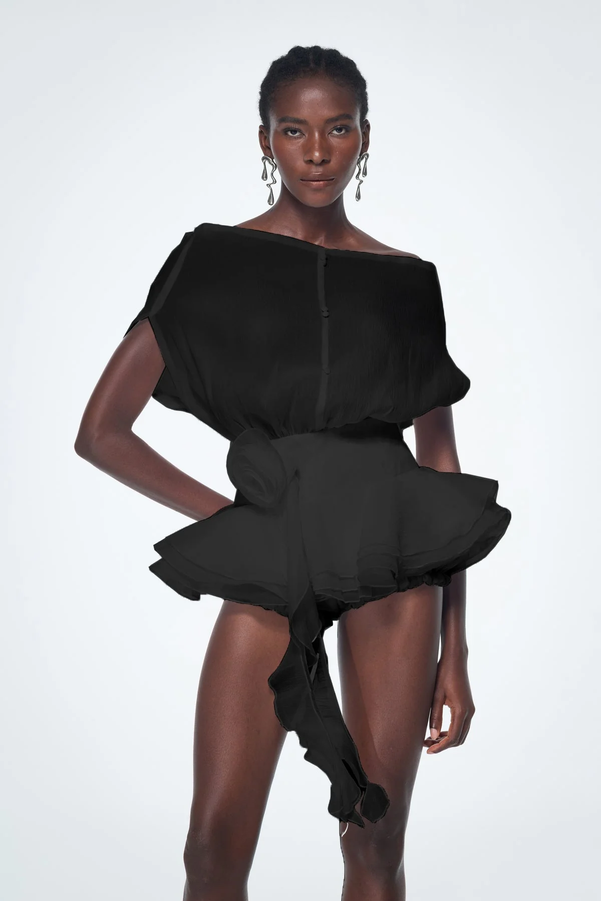 Black Backless Ruffle Flower Mini Dress - Elegant Style