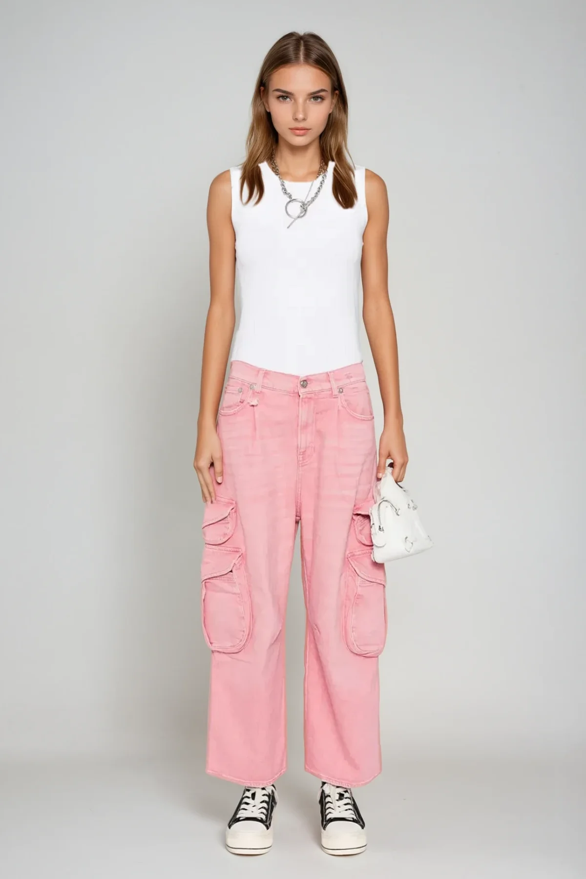 Bleached Cargo Jeans with Multiple Pockets