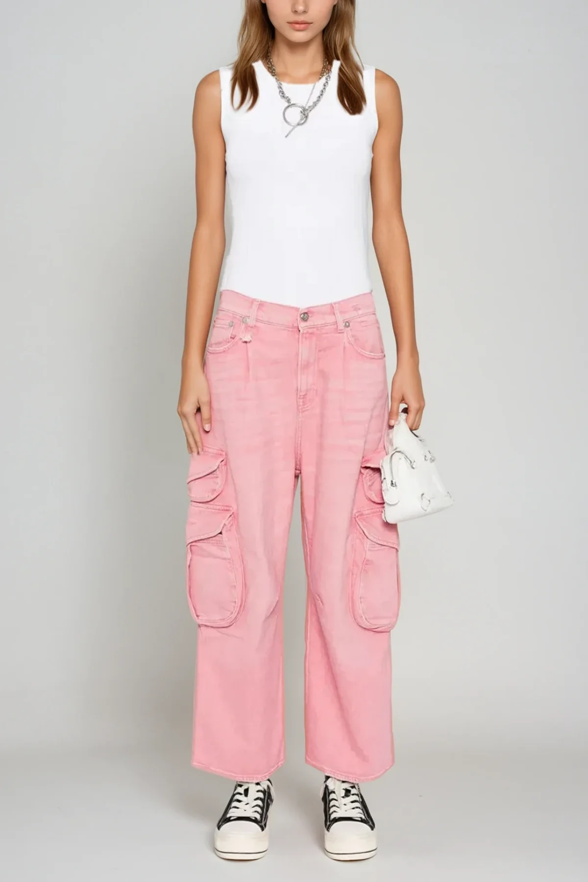 Bleached Cargo Jeans with Multiple Pockets