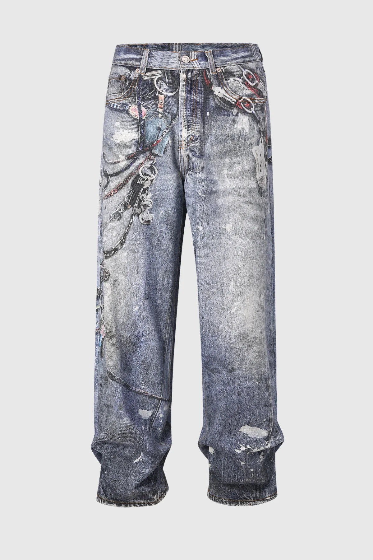 Chain Print Wide Leg Blue Jeans for Fashion-Forward Looks