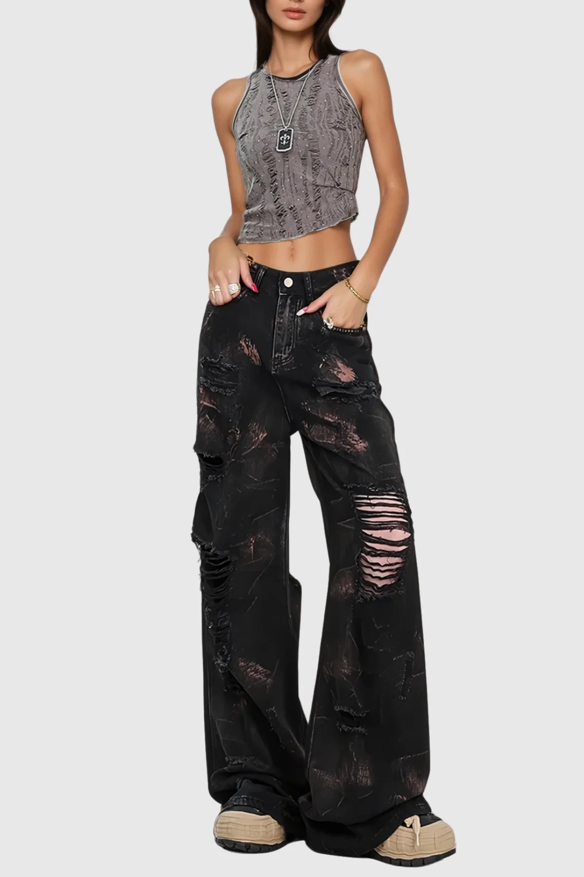 Edgy Ripped Print Wide Leg Dark Jeans