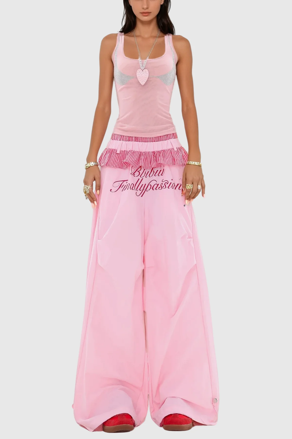 Pink Ruffle Print Wide Leg Pants - Feminine & Stylish