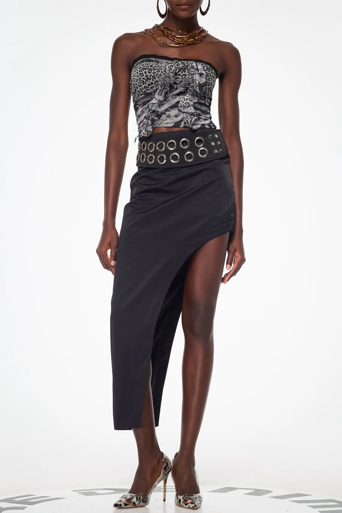 Grey Buckle Detail Asymmetric Maxi Skirt