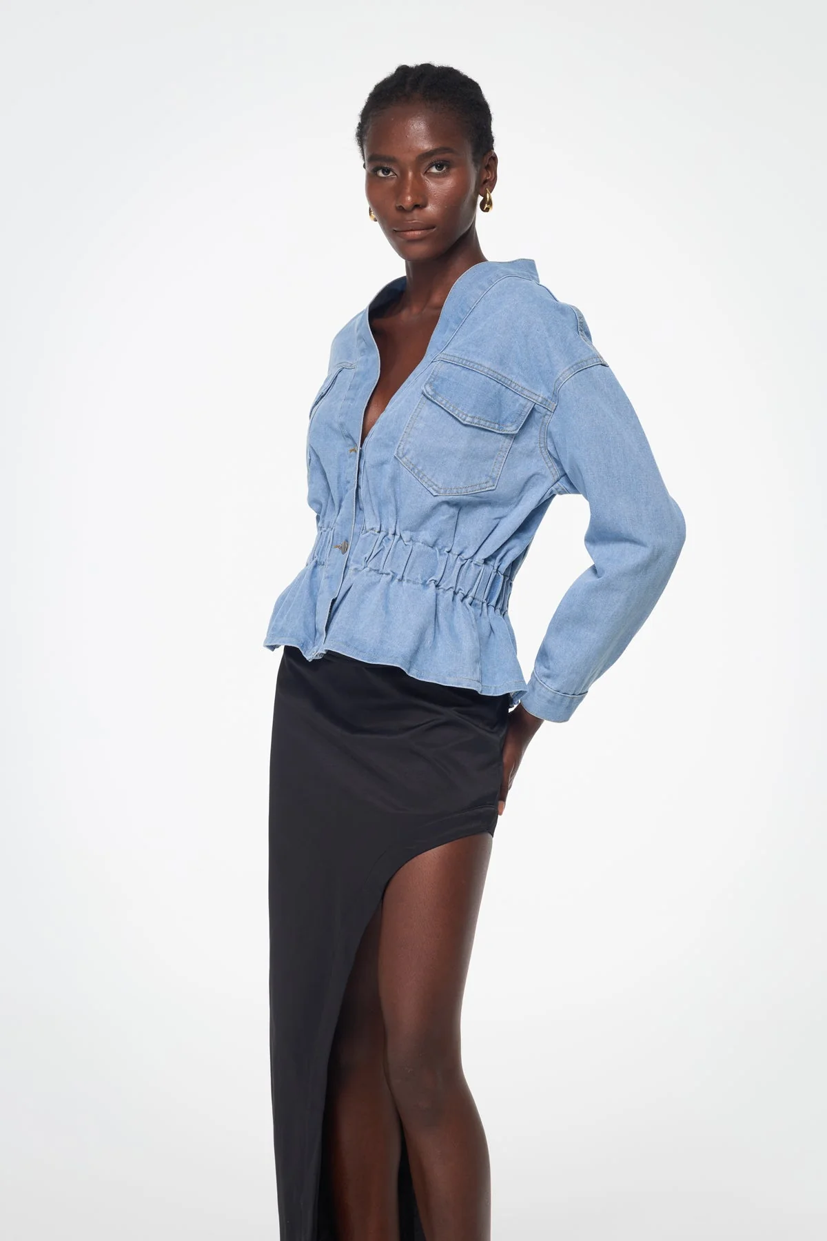 Chic Blue Ruched Off Shoulder Denim Top