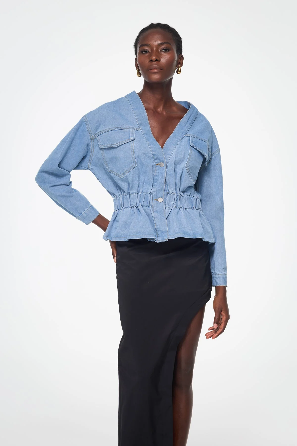 Chic Blue Ruched Off Shoulder Denim Top