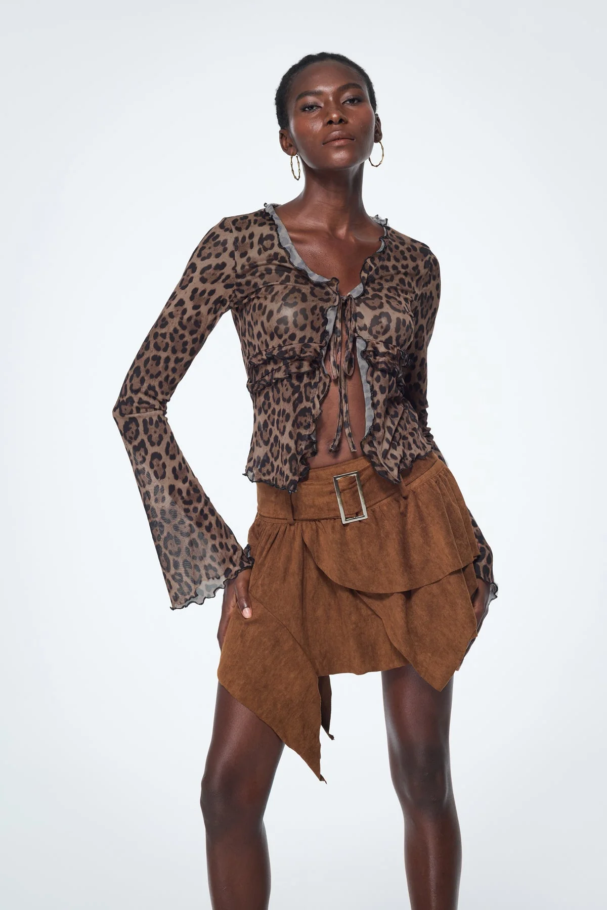 Leopard Ruffle Lace Up Top in Baishan Print