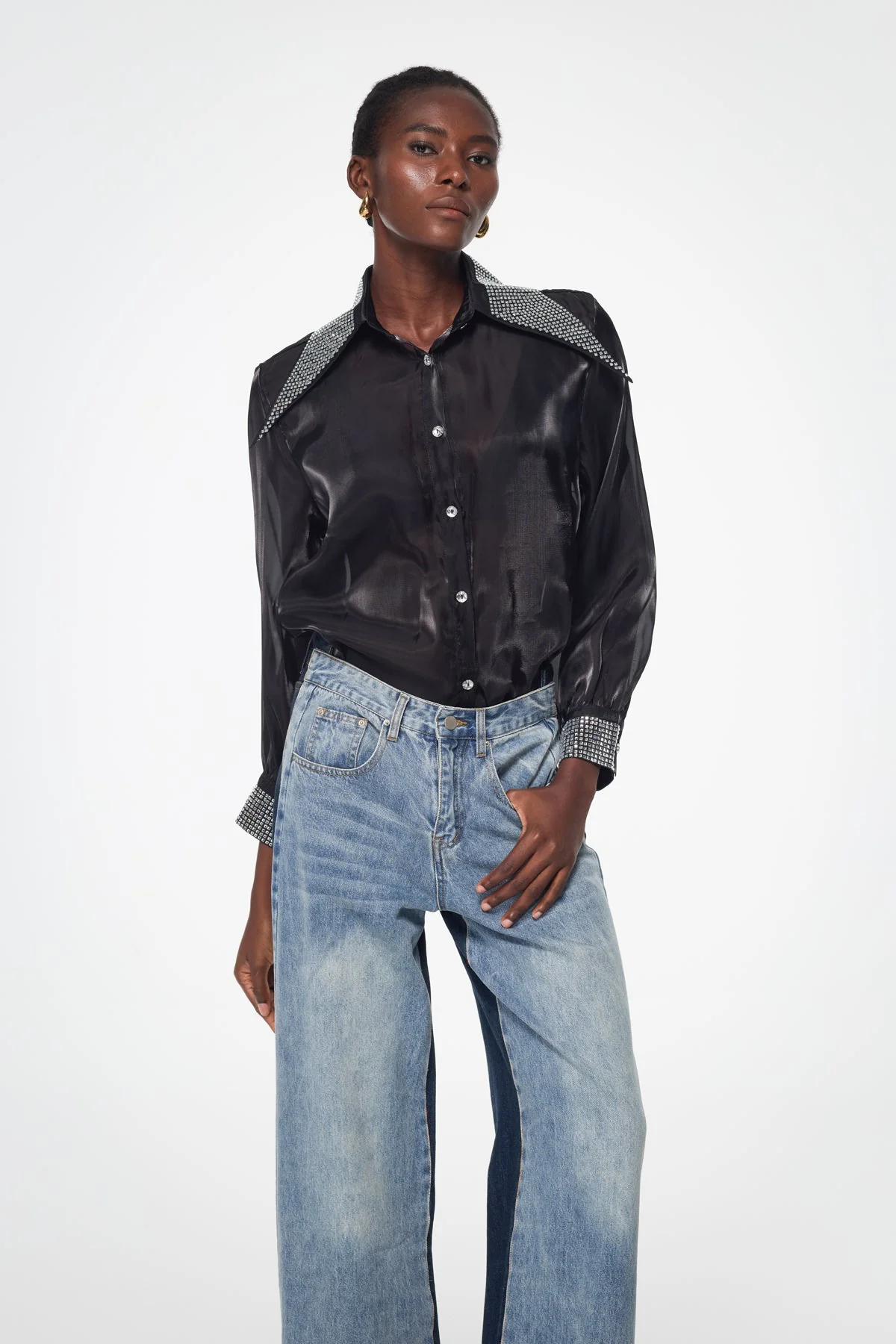 Black Rhinestone Lapel Shirt - Elegant Professional Style