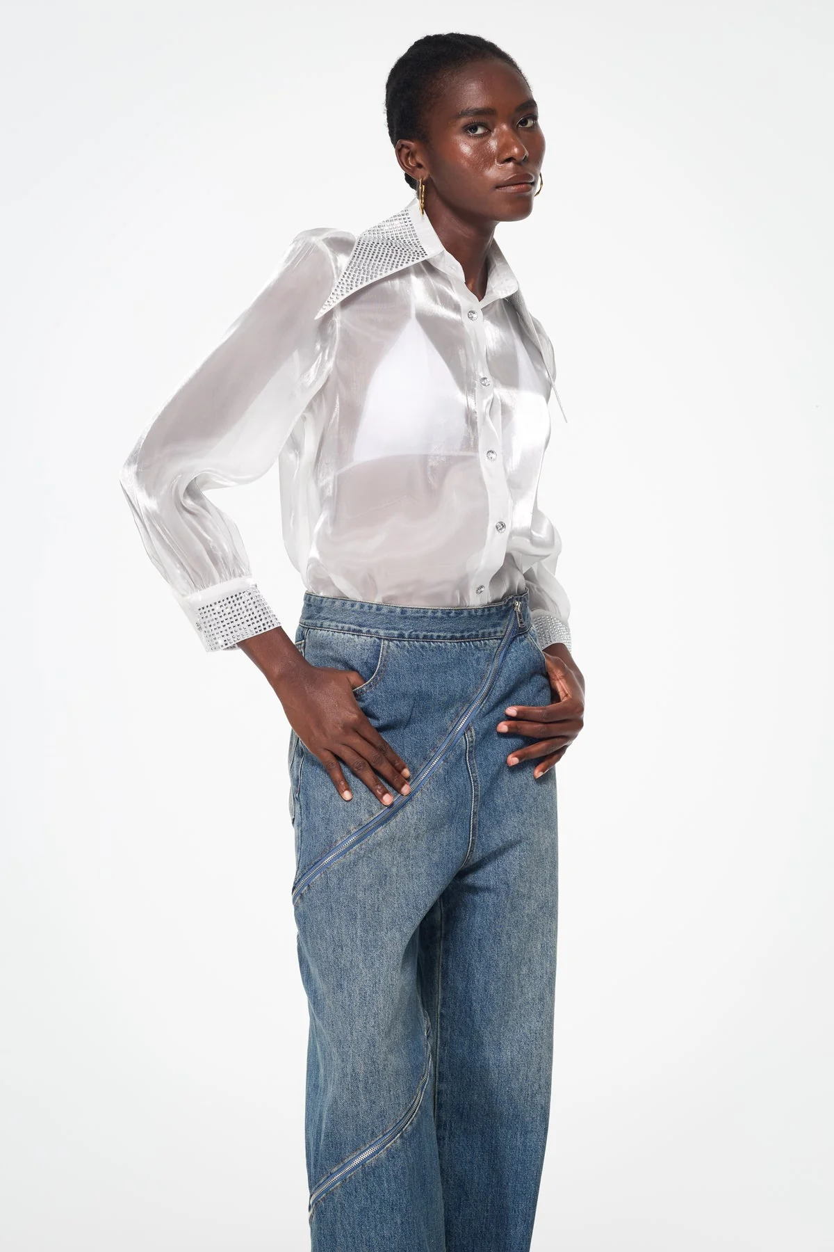 Elegant Rhinestone Lapel White Dress Shirt