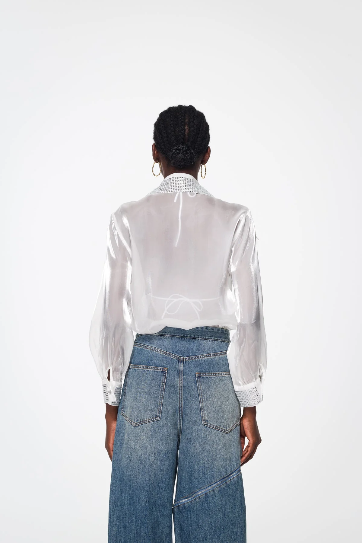 Elegant Rhinestone Lapel White Dress Shirt