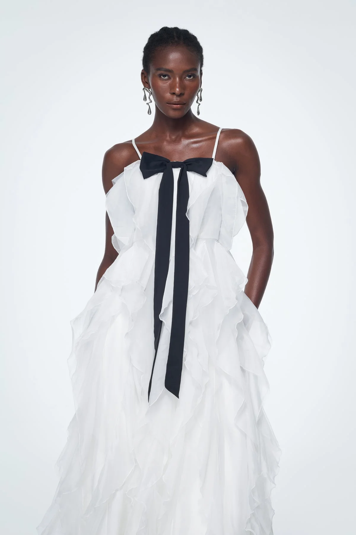 White Ruffle Bow Maxi Dress for Elegant Occasions